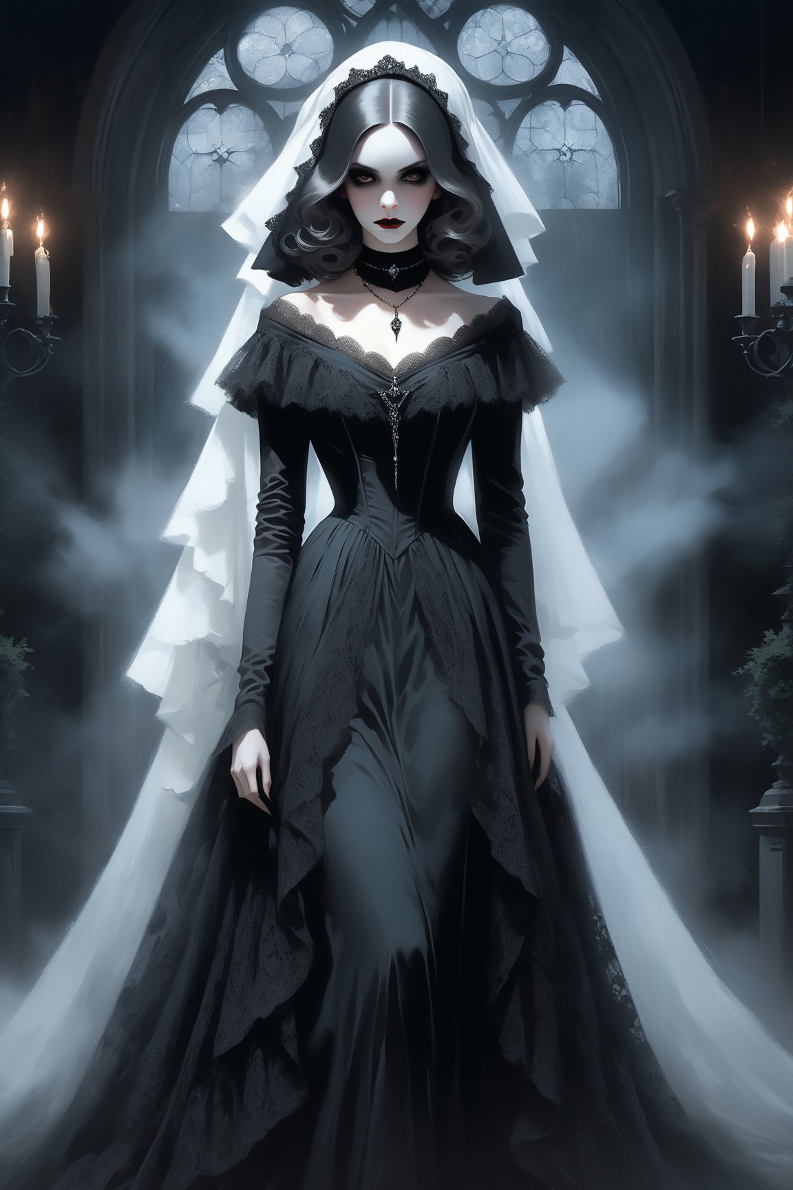 The image features a beautiful woman dressed in a long elaborate gown,  resembling ghostly figure. She is wearing a black...