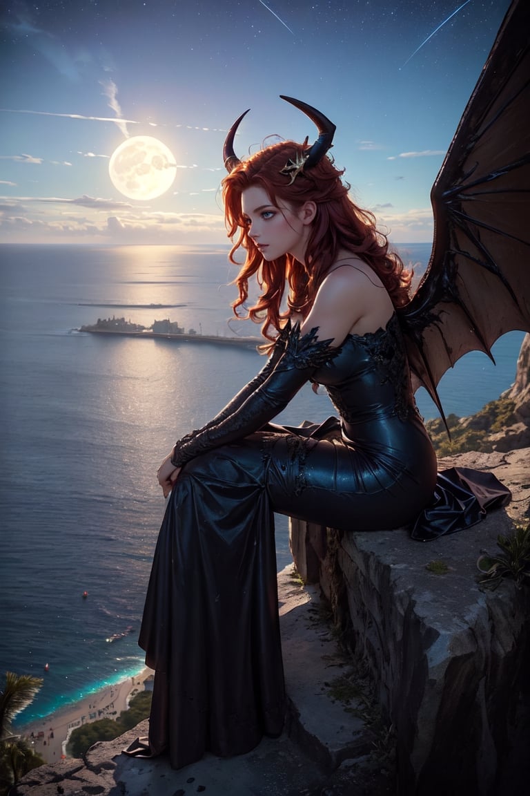 extreme long shot, side view, michael parkes style, a stunning beautiful young queen of gargoyles with detailed gargoyle wings, horns, thick voluminous long curly vivid red mane of hair sitting on the ledge of a very tall cliff above the ocean below. there are no other people or buildings near her. she is looking at the ocean. she is wearing an elaborate long black gown. its night time with a full moon. dark blue black sky & stars are in the sky. gargoyles flying in the night sky.  michael parkes, zoom out.,1girl,Masterpiece,SD 1.5,realistic,fashion_girl,more detail XL,extremely detailed,zavy-hrglw