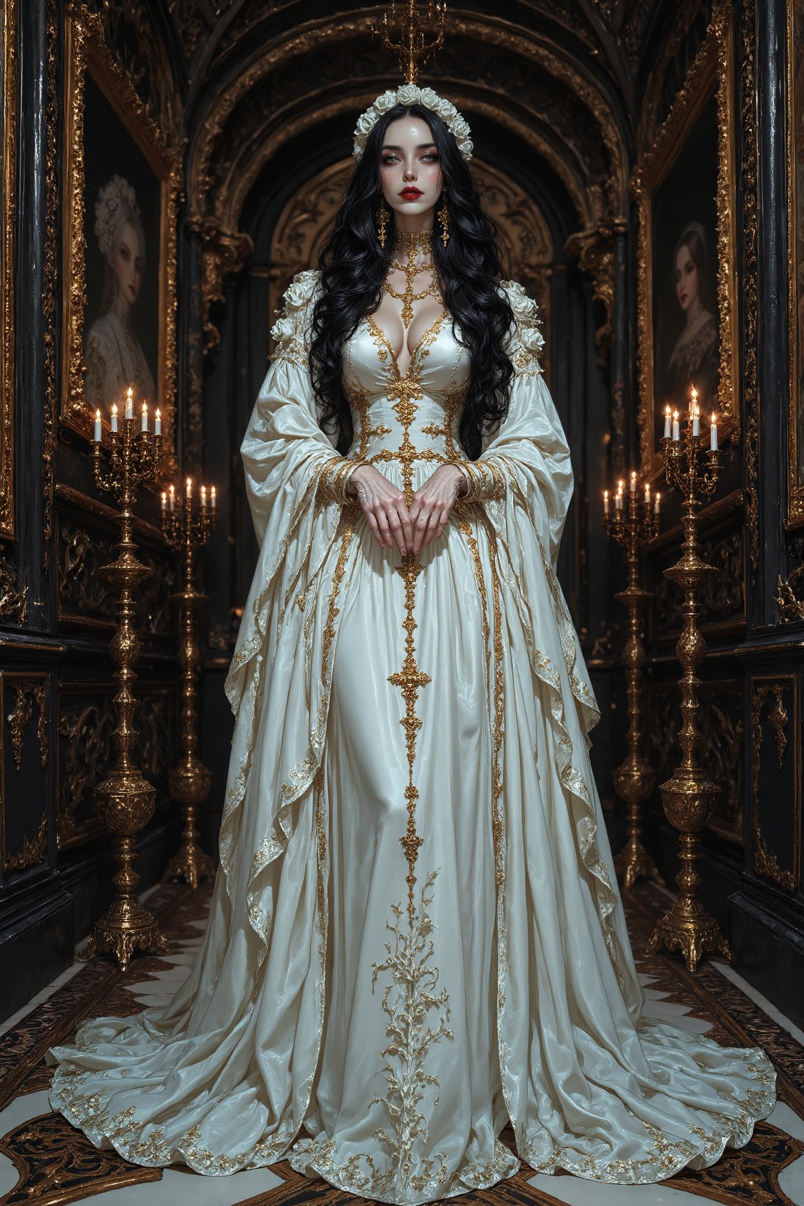 long shot,  full body,  A captivating elegant and beautiful young tall gothic priestess woman draped in cascading white by...