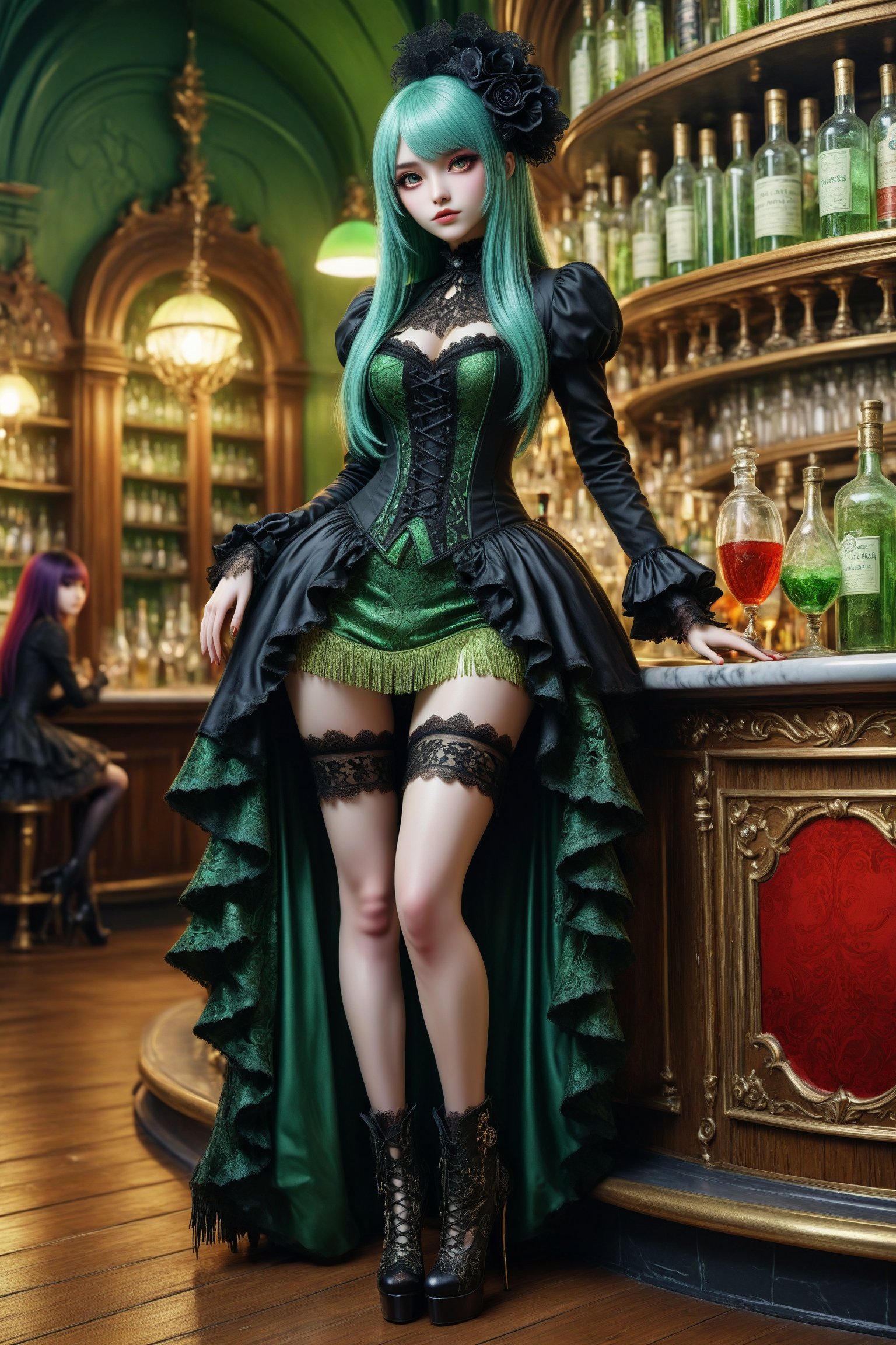 full body shot, side view a beautiful stunning french woman, standing to the right side of a bar in a french absinthe bar at night. (((on the bar counter are bottles and glasses of green absinthe))) her beautiful outfit is a fusion of elaborate rococo, high fashion gothic outfit with brocade patterned high-low skirt, luxurious fabrics, rich colors of gold, red, black. knee high boots. she has large, round eyes. straight long vivid colorful hair with fringe and bangs. perfect female anatomy, goth person, pastel goth, dal, Gaelic Pattern Style,