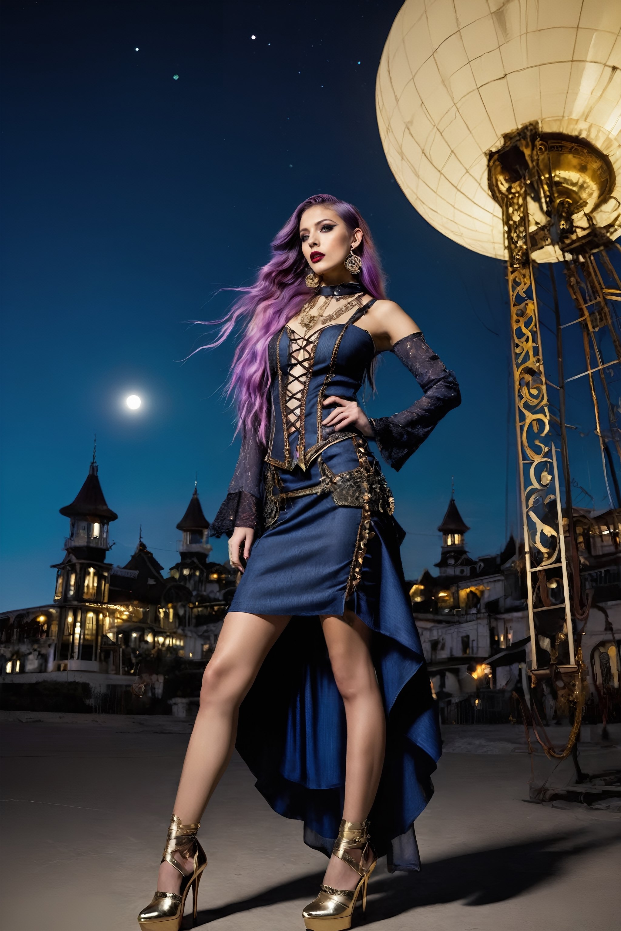 Envision elaborate futuristic victorian inspired women's clothing made of colored denim,  embroidered with art deco patter...