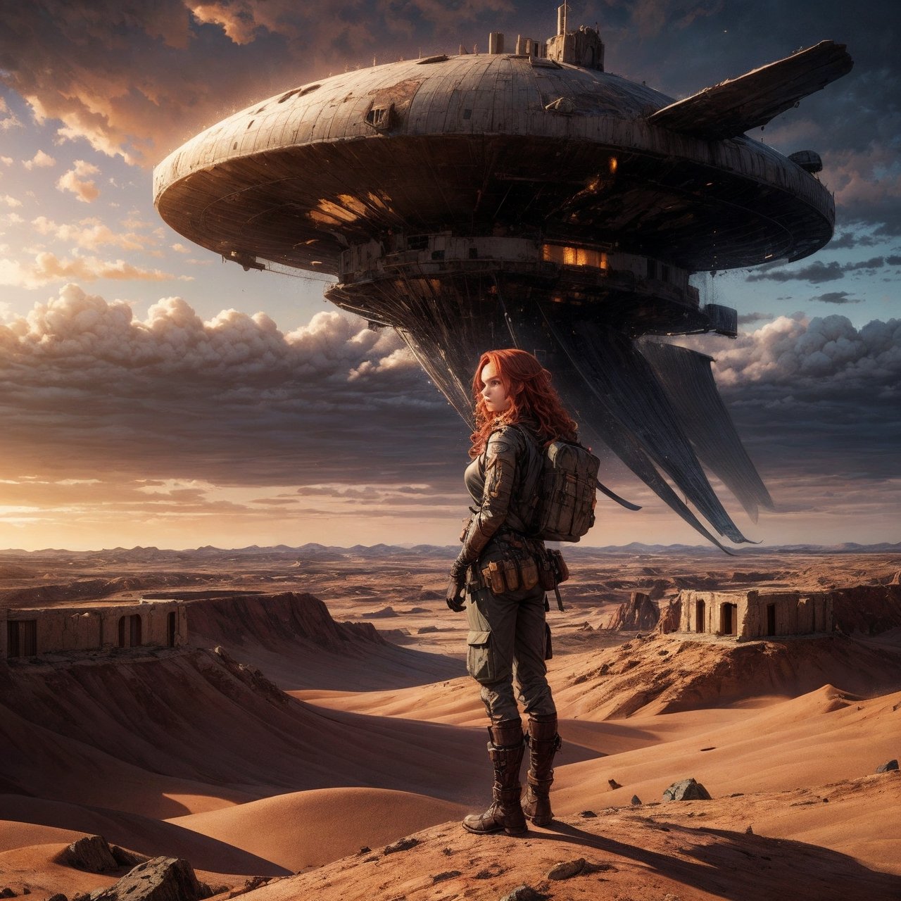 a side view of 1girl attractive female explorer with long thick curly vivid red hair,  ice green eyes,  freckles. she is c...