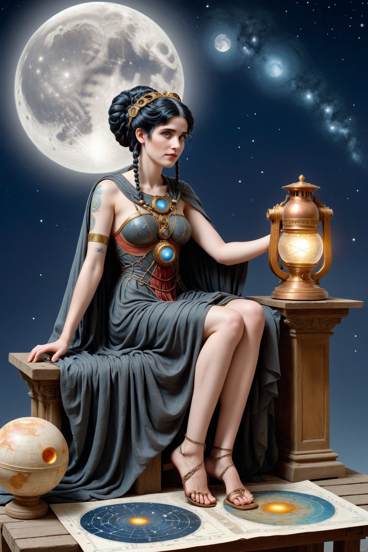 Cinematic scene - long shot of Hypatia of alexandria, mathematician, astronomer, and philosopher in ancient Alexandria in a fusion of rococo, greco-roman and gothic punk. she has jet black hair in elaborate braids and buns.  she has round large big copper eyes, she has a benevolent smile and intelligence emanates from her. she wears a typical "philosopher's cloak" a Ionic chiton or doric chiton, and roman sandals on her feet. she is facing away from the viewer sitting at an ancient wooden table outside under the night sky with a full moon and stars in ancient alexandria egypt. on the table sits a large illustrated astronomical astrological map. also on the table is a small detailed astrolabe used for solving astrological calculations, a model of the solar system and an ancient earthen oil lamp providing illumination. she is an astronomer and teacher. perfect female anatomy, goth person, pastel goth, dal, Gaelic Pattern Style, 