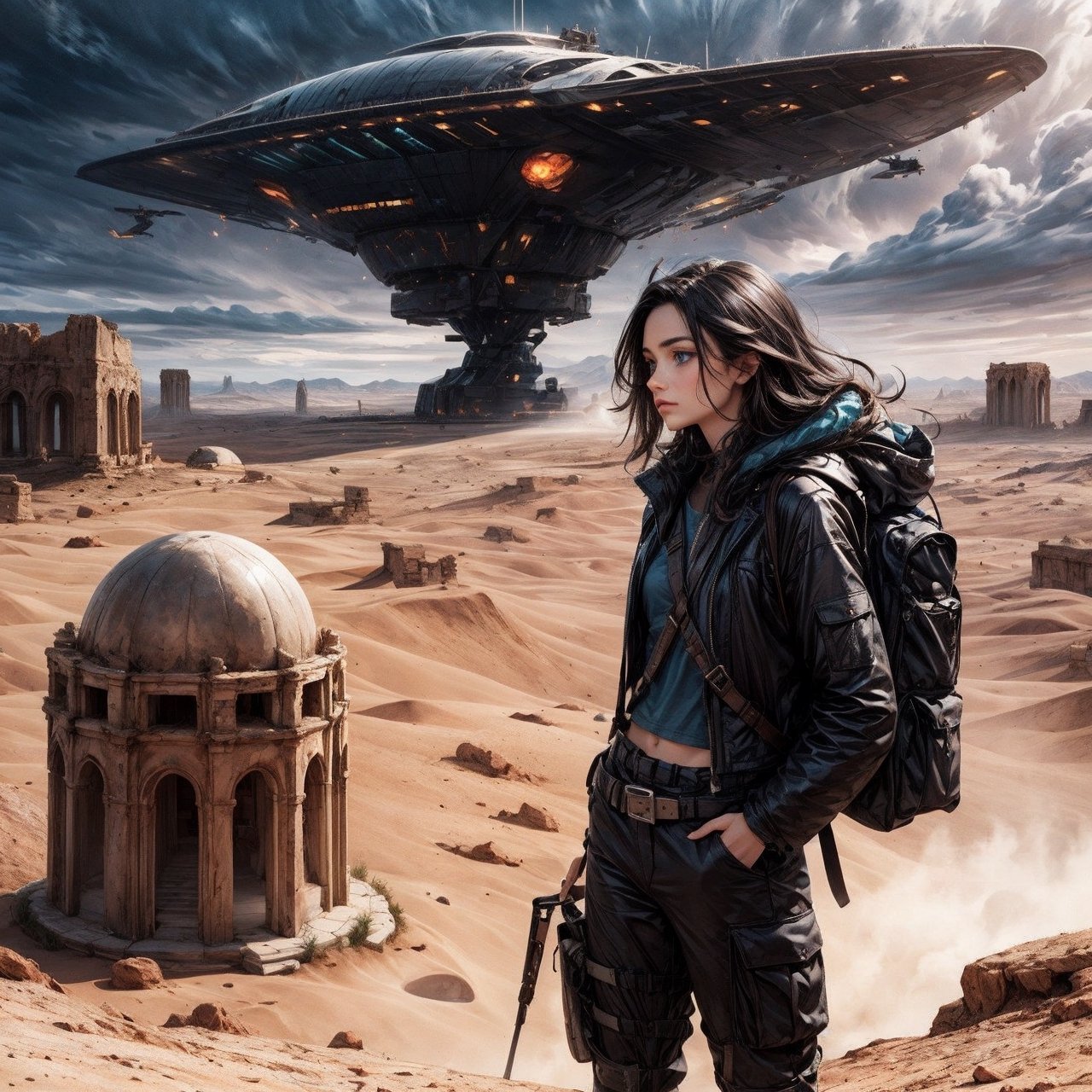 a side view of 1girl attractive female explorer with waist-length long thick curly blue hair,  ice blue eyes. she is close...