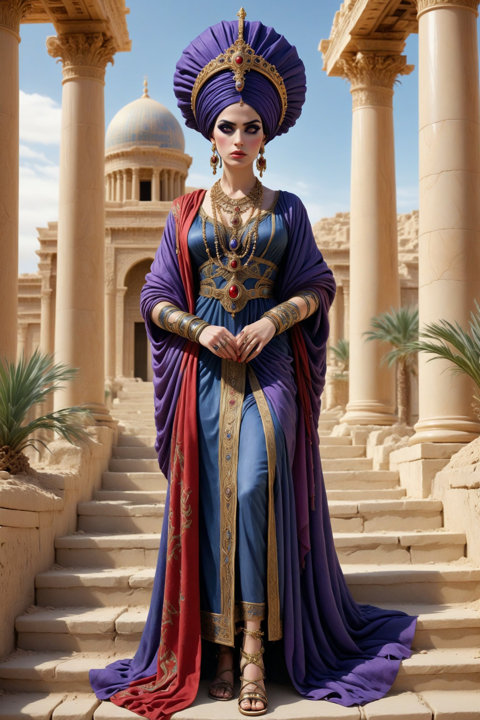 Cinematic scene - cowboy shot of Septimia Zenobia, a beautiful syrian queen in palmyra Syria in the third century c.e in a fusion of elaborate rococo, persian middle eastern parthian style and Greco-Roman and gothic punk. she has jet black hair. she has round large big copper eyes, she wears an elaborate middle eastern parthian style and Greco-Roman inspired royal gown in rich vibrant colors of red, purple, white gold, and black. she wears a turban, head ornament, crown and long shawl and an ancient syrian queen's head dress. elaborate earrings, necklaces and wrist cuffs made out of gold, lapis lazuli, amethyst. roman sandals on her feet. she walks down the steps in front of a luxurious temple, the detailed background is of a magnificent temple with painted columns. tall and small palm trees, statues, in the desert in the 3rd century a.d. perfect female anatomy, goth person, pastel goth, dal, Gaelic Pattern Style, 