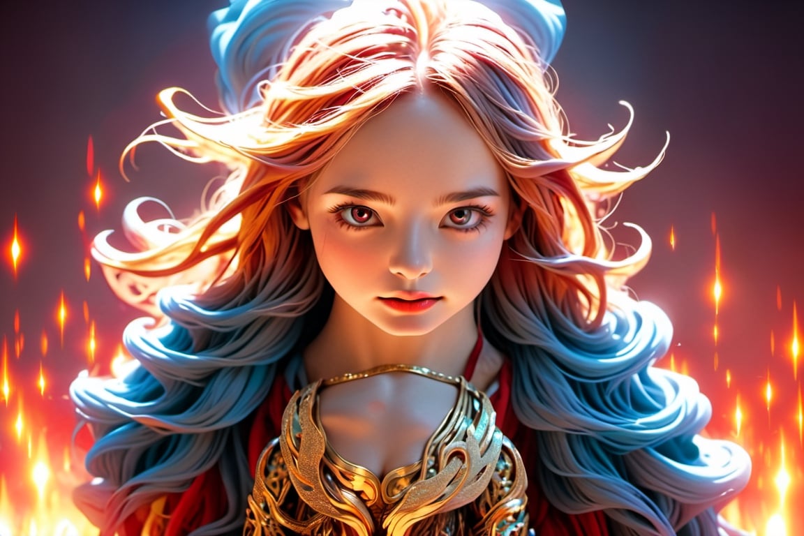 long shot of a powerful ruby sorceress,  she is a young 17 year old woman with red eyes that glow,  she has very pale whit...