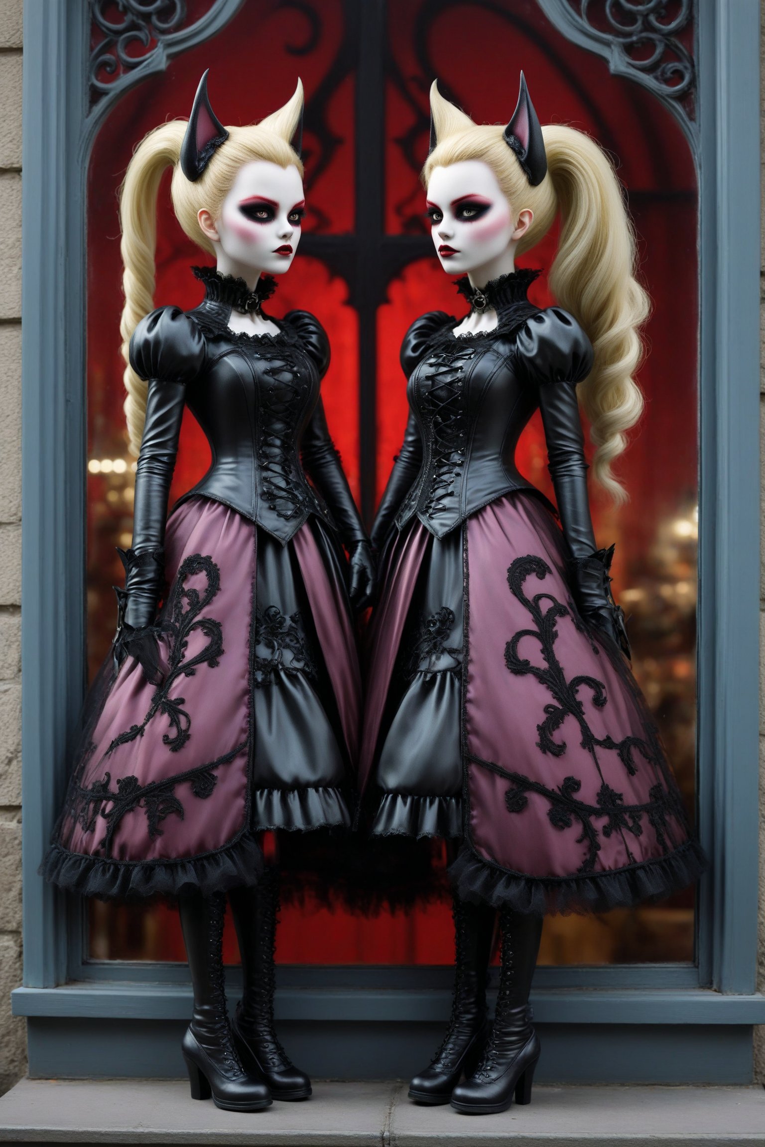 full body shot, action shot, beautiful stunning cat woman sisters, they stand together looking through the window of  a city costume shop at night. side view, looking away from the camera. a fusion of elaborate gothic, punk rococo, gothic, lolita and punk. they have large, round cat eyes. elaborate gothic make-up, cat ears, (((one sister has vivid red hair)))  (((one sister has blonde hair with black streaks))) perfect female anatomy, goth person, pastel goth, dal, Gaelic Pattern Style,