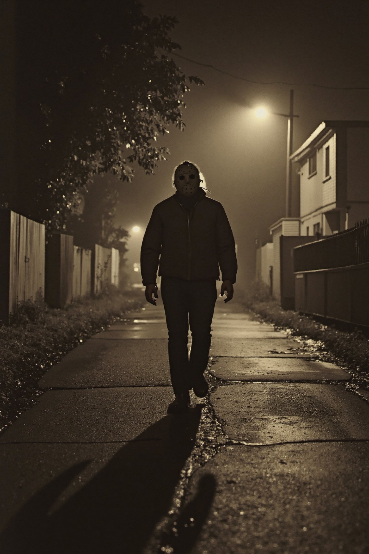 long shot realistic, detailed, photograph, b&w black and white sepia photo of Jason Voorhees walking down a neighborhood street at night. the atmosphere is eerie and strange.