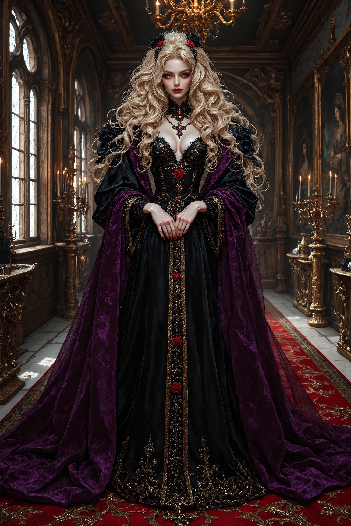 long shot,  full body,  A captivating elegant and beautiful young tall gothic priestess woman draped in cascading rich pur...