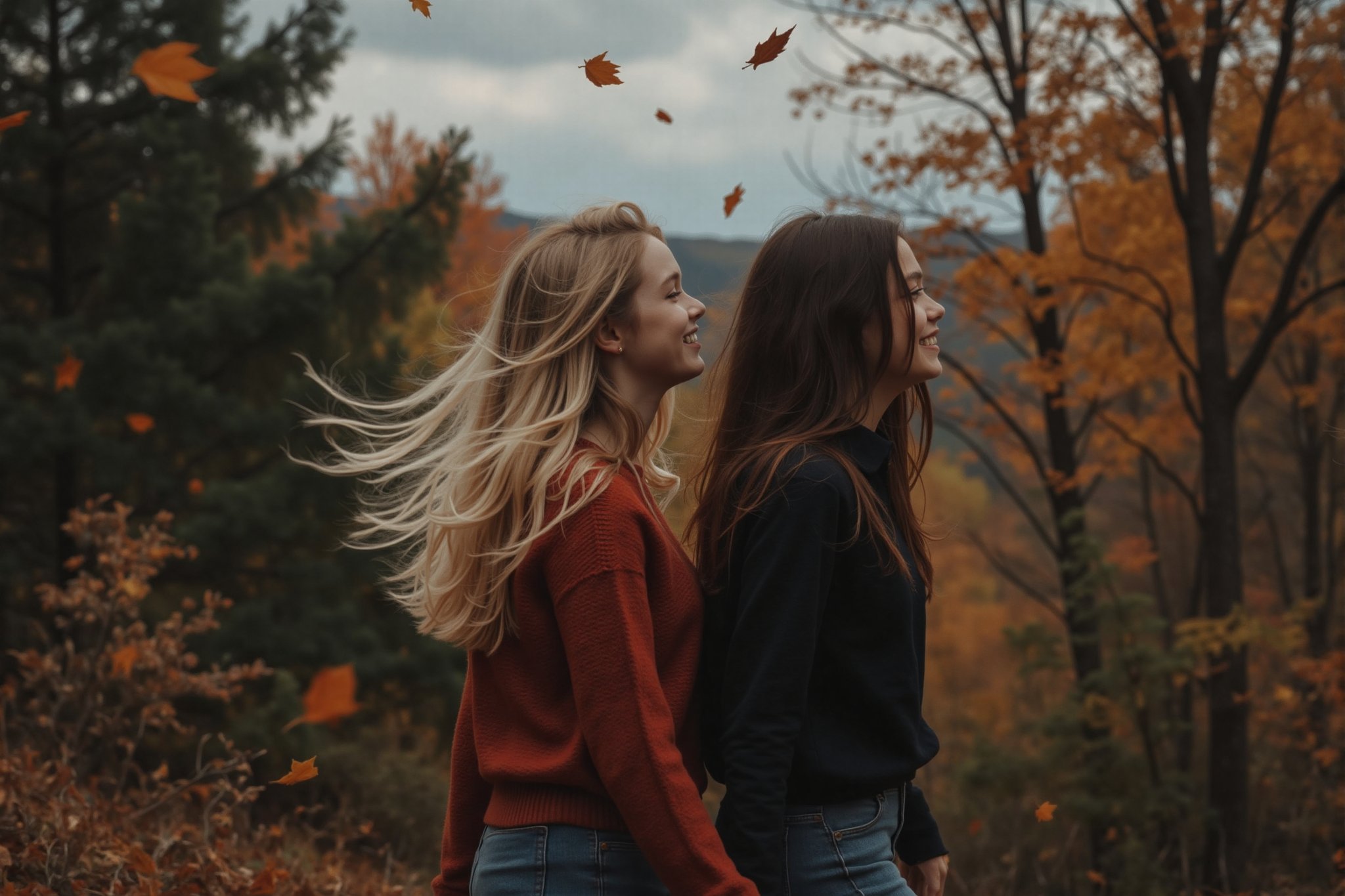 side view long shot A scene of a high school age blonde young woman and her dark haired friend walking next to each other...