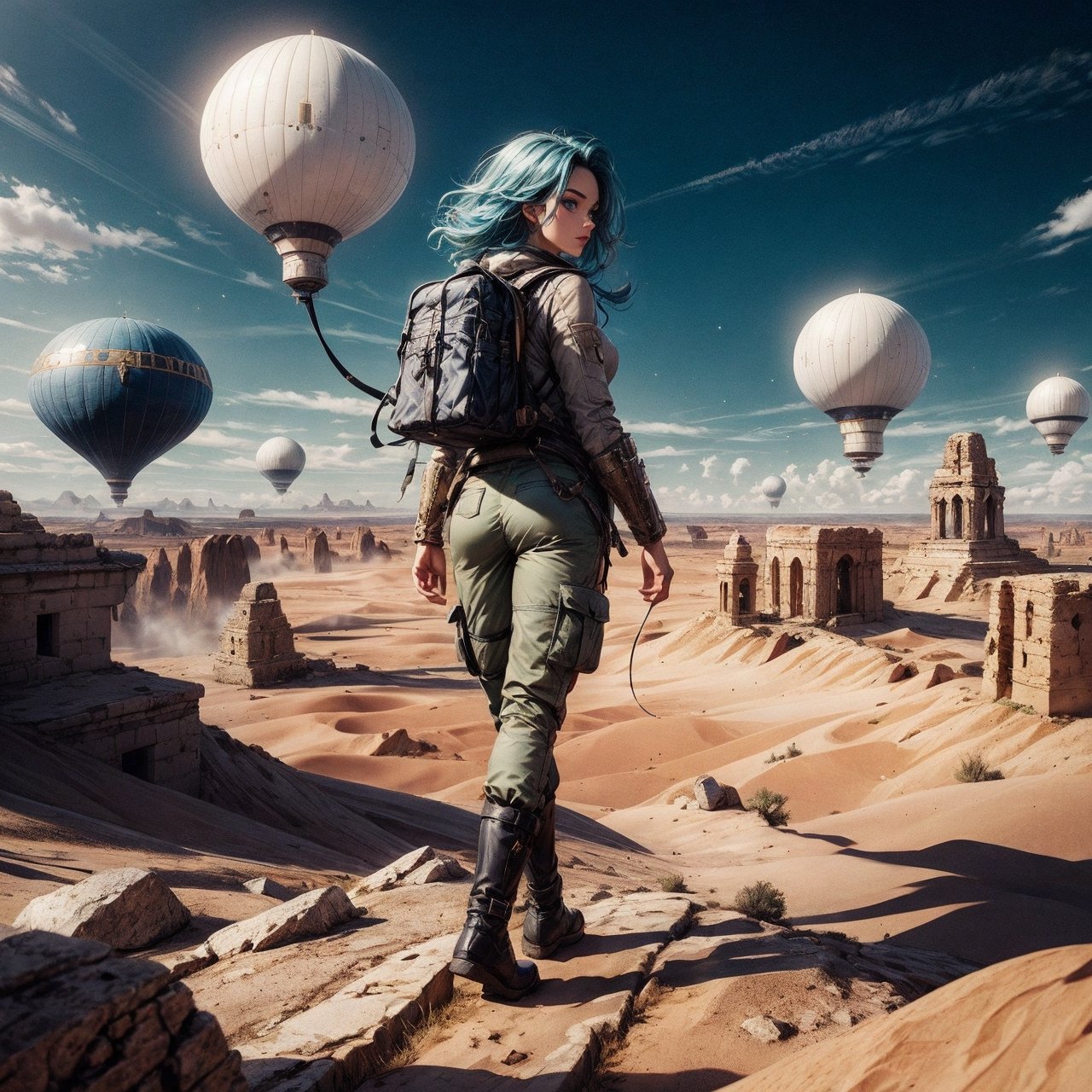 a side view of 1girl attractive female explorer very long curly blue hair,  ice blue eyes,  walking. she wears a futuristi...