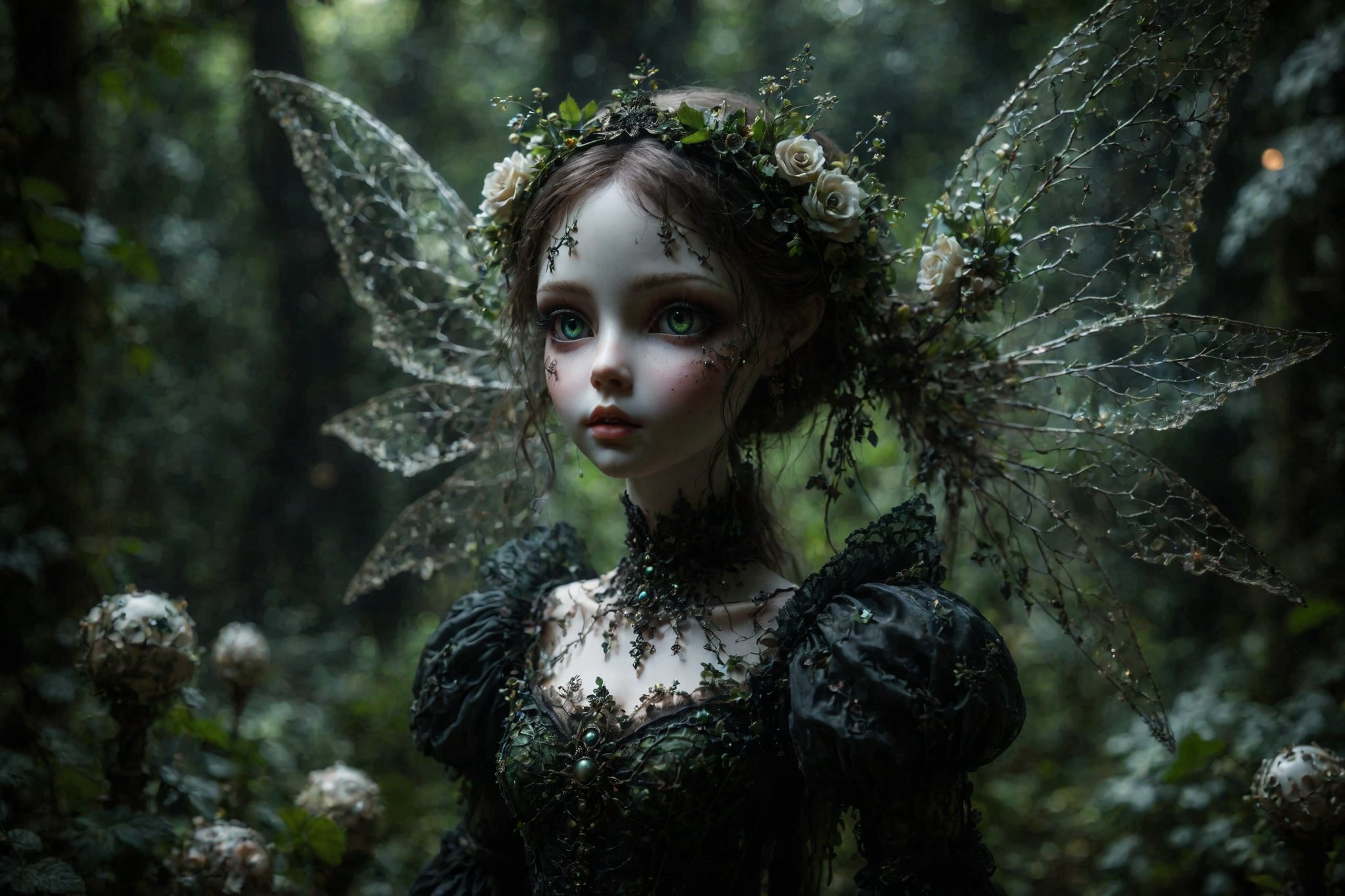 long shot, side view, Create an image of a doll-like figure with large detailed vivid green eyes and pale porcelain face wearing an elaborate gothic outfit. she is a gothic fairy with translucent wings, walking through a garden of dark flowers and glowing orbs, illuminating the night with her ethereal presence. hands down at her sides. 
