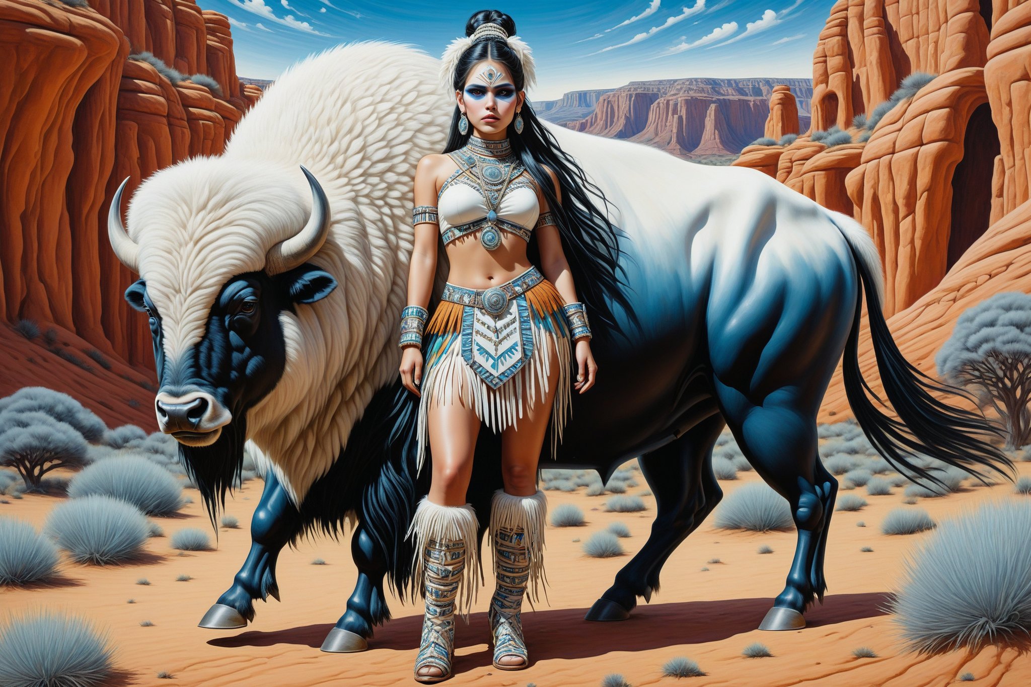 (((full body shot, wide shot))) dynamic pose, a beautiful stunning native american indian woman 1girl with a white american bison. her outfit is a fusion of elaborate native american rococo, high fashion gothic outfit in luxurious fabrics, rich colors. suede leather moccasins. the woman has large, round eyes. jet black hair in elaborate braids and buns with fringe and bangs. native american war paint on her face. background of cliff dwellings in the american southwest. perfect femaile anatomy. perfect male anatomy. goth person, pastel goth, dal, Gaelic Pattern Style, (((wide shot)))