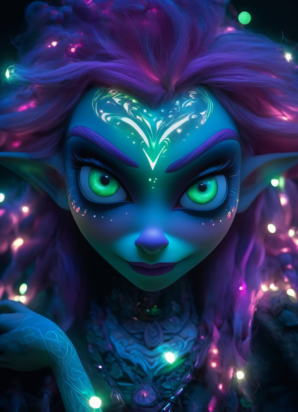 close up portrait (sacred night and elf puppet),(ultra-fine HDR), extremely delicate and beautiful girl with white traslucent opalescent skin, closed mouth, glowing intricate round human detailed eyes, glowing intricate tribal tattoos on face, glowing floating translucent orbs, vivid neon purple, pink, green, red hair