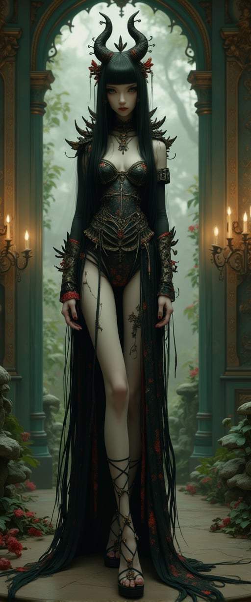 A masterpiece of photorealistic artistry! A stunning Japanese demon girl stands proudly in a long elaborate hallway with fine art paintings of beautiful demons, witches, vampires that line both walls. velvet patterned wallpaper on the walls, candles are lit, a tall gothic window is behind her with long velvet curtains. Her extremely long big black hair cascades down her back like a waterfall of night, with blunt bangs framing her striking features. Her large round light green eyes shimmer, and her full lips curve into a playful smile as she gazes directly at the viewer. Her pale skin is adorned with intricate jewelry and nail polish designs, including red and black accents that match the bold hue of her fingernails.

she wears an intricate elaborate strappy corsett, Her elaborate brocade patterned skirt falls to below her knees, showcasing her long toned. legs She wears geta strappy sandals with platform heels that elevate her statuesque form, making her seem almost ethereal against the lush greenery of the garden. The overall atmosphere is one of mystique and allure, as if this enchanting demon girl is beckoning you into her world of wonder.