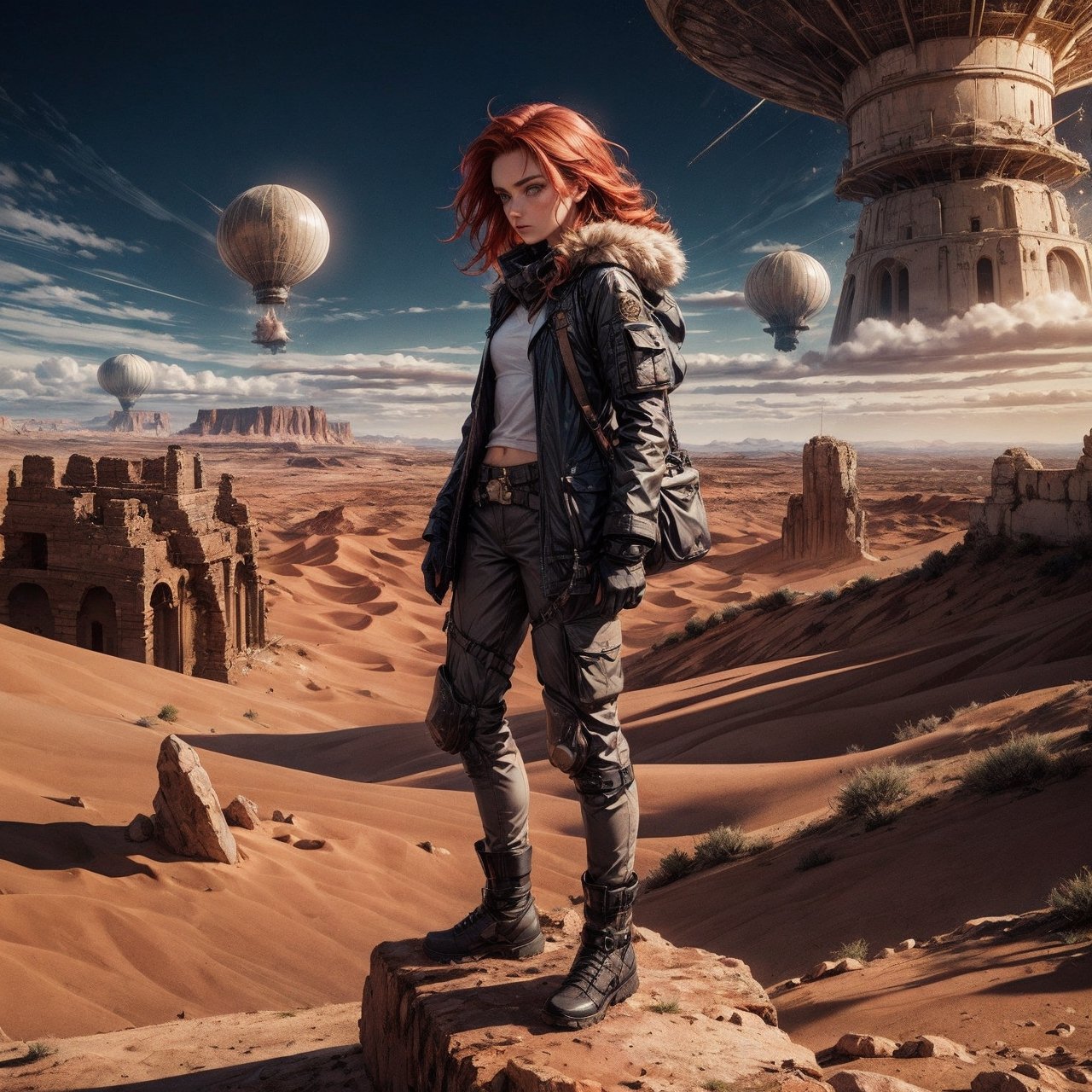 a side view of 1girl attractive female explorer with long thick vivid red hair and v-bangs,  ice green eyes,  freckles. sh...