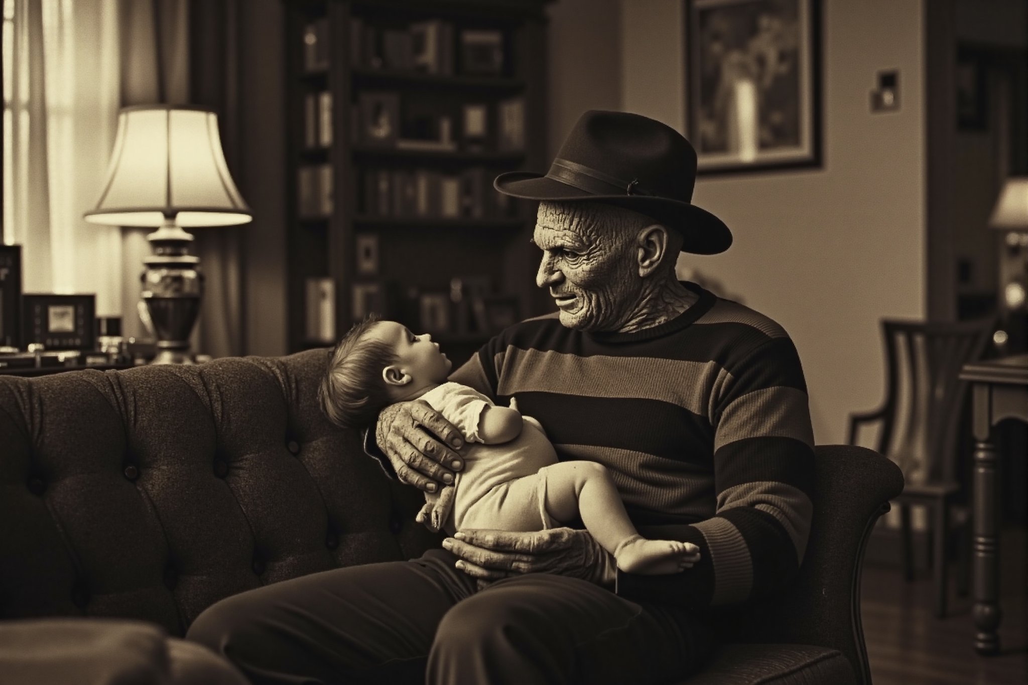 long shot realistic, detailed, photograph, b&w black and white sepia photo of Freddy Krueger holding a little baby while sitting on a couch in a living room. freddy krueger is looking at the baby with pride. the atmosphere is eerie and strange.