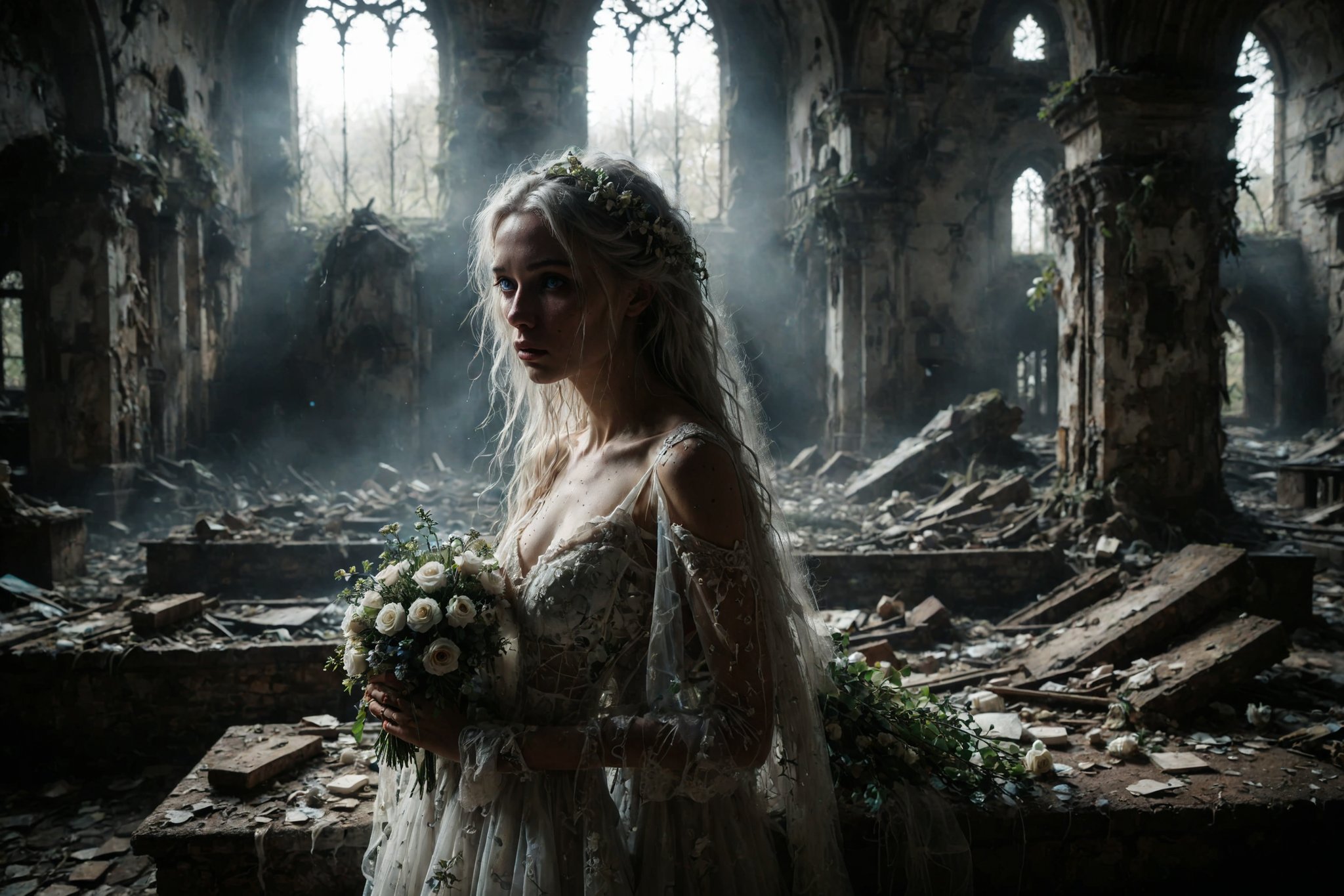 long shot, side view, A sad beautiful ghostly bride in a crumbling church, with long flowing white hair and a tattered wedding dress, blue eyes that tell a story of sorrow, carrying a wilted bouquet that symbolizes lost love, soft lighting.
