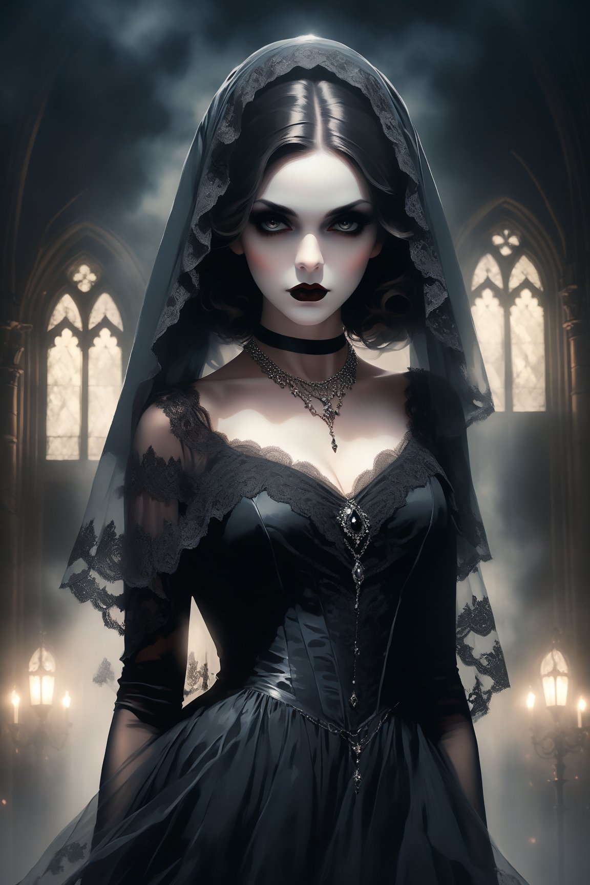 poster of a sexy [The image features a beautiful woman dressed in a long elaborate gown,  resembling ghostly figure. She i...