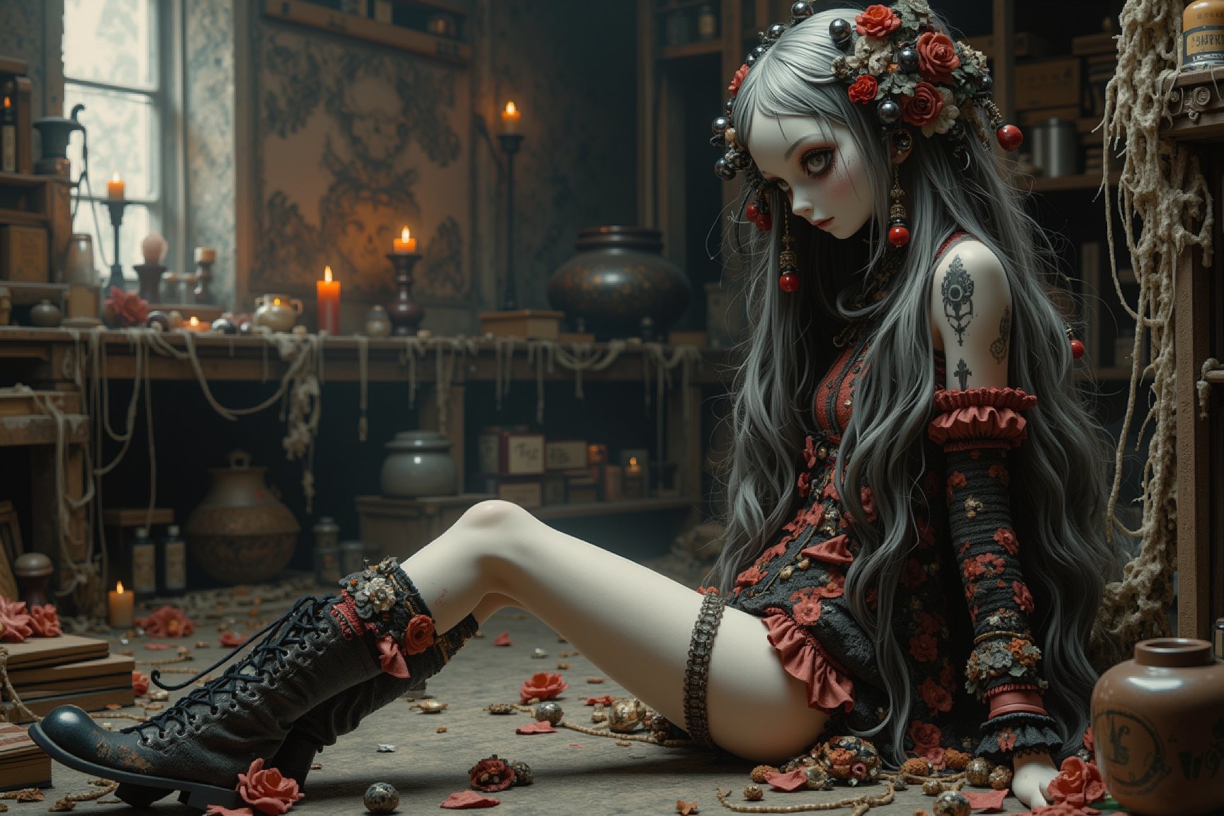 long shot, side view, in the distance is a beautiful doll-like figure with large detailed eyes and pale porcelain face. she sits on the floor. she has long black and white streaked layered big hair. she has elaborate decorations and adornments in her hair. she wears an elaborate gothic outfit in colors of red, grey, black. she wears chunky lace up boots and lace stockings. elaborate gothic jewelry. behind her is a witches lair with spell books, potions, occult items, cobwebs, and a large cauldron, where the weight of forgotten magic hangs heavy in the air. illuminated by candlelight. full body shot. in the style of Toon Hertz, Mark Ryden, Nicoletta Ceccoli