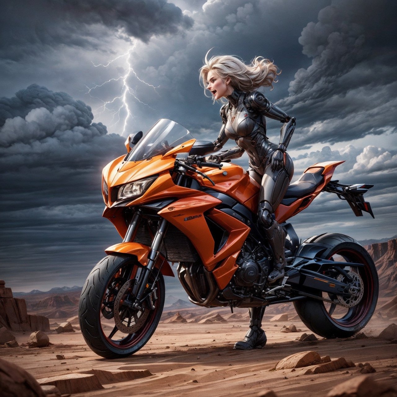 side view middle long shot of a 20 foot tall giant android humanoid female robot riding a futuristic motorcycle across the...