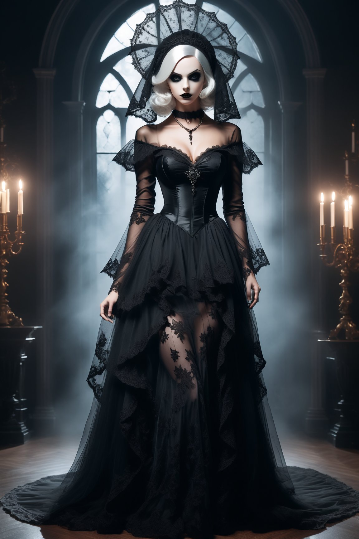full body shot of a sexy beautiful woman dressed in a long elaborate gothic gown,  resembling ghostly figure. She is weari...