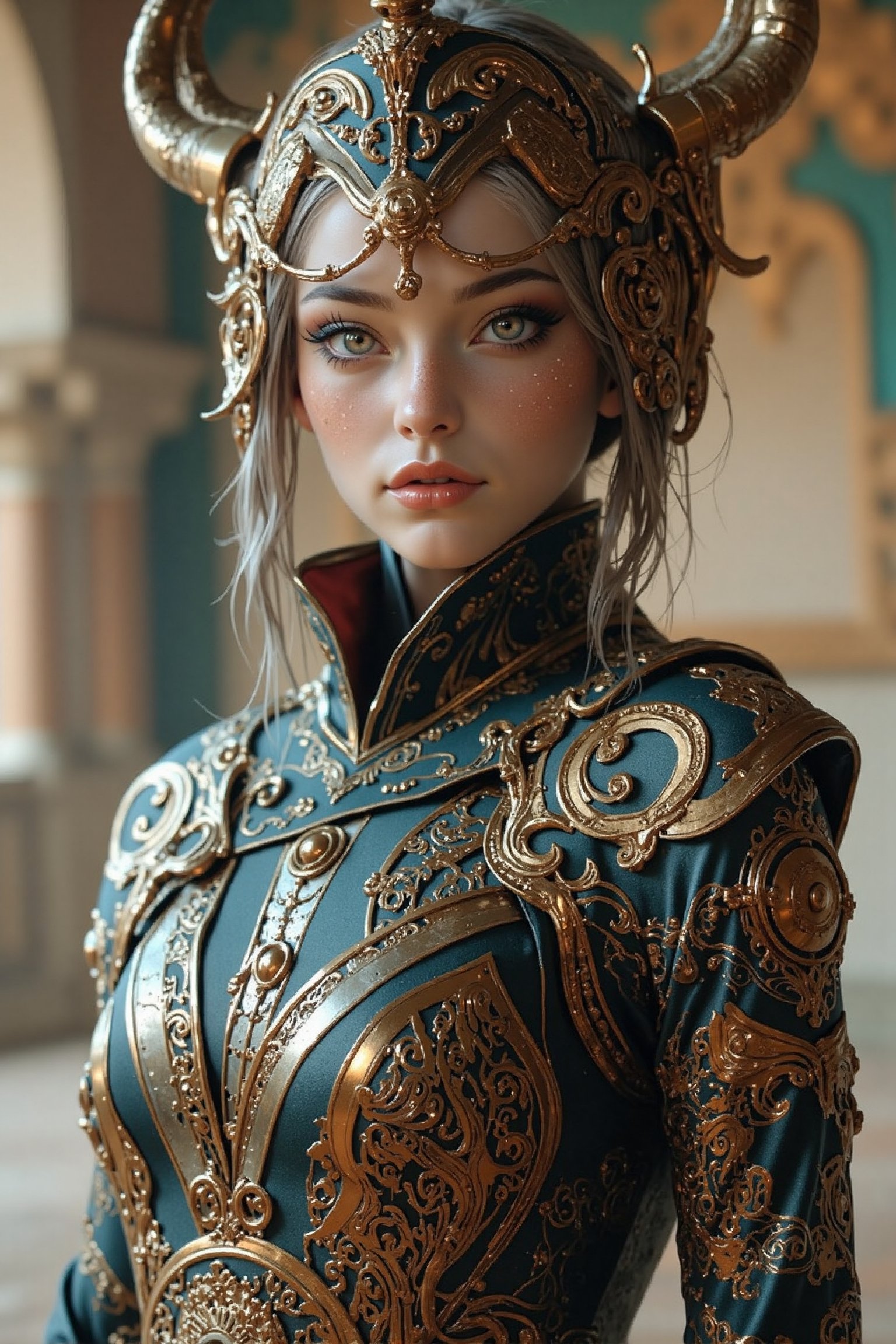 Create an attractive,  beautiful female alien queen wearing an elaborate futuristic unique outfit and she is standing in a...