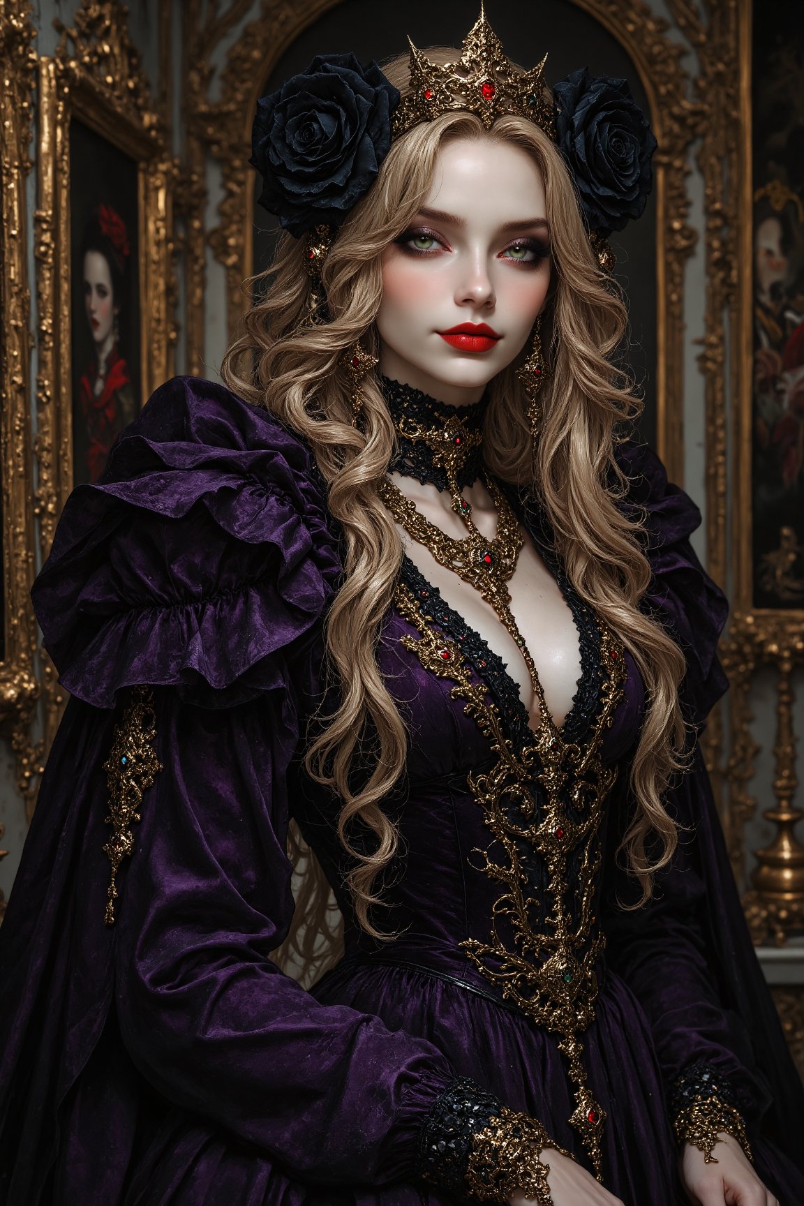 long shot,  full body,  A captivating elegant and beautiful young tall gothic priestess woman draped in cascading rich pur...