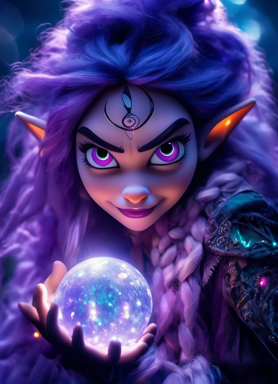 close up portrait (sacred night and elf puppet),(ultra-fine HDR),extremely delicate and beautiful girl, glowing intricate human detailed eyes, glowing tattoos on face, glowing translucent irradescent orb, big long purple hair