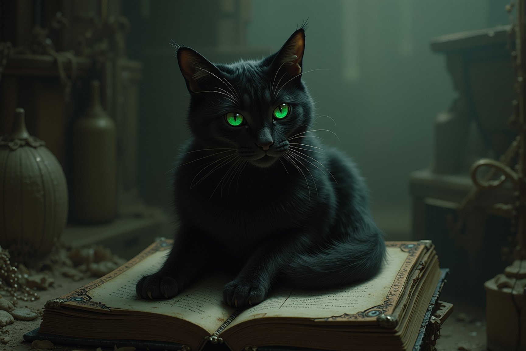 A sinister black cat with glowing green eyes, sitting atop an ancient grimoire in a dimly lit room, embodying mystery and secrets waiting to be unveiled.