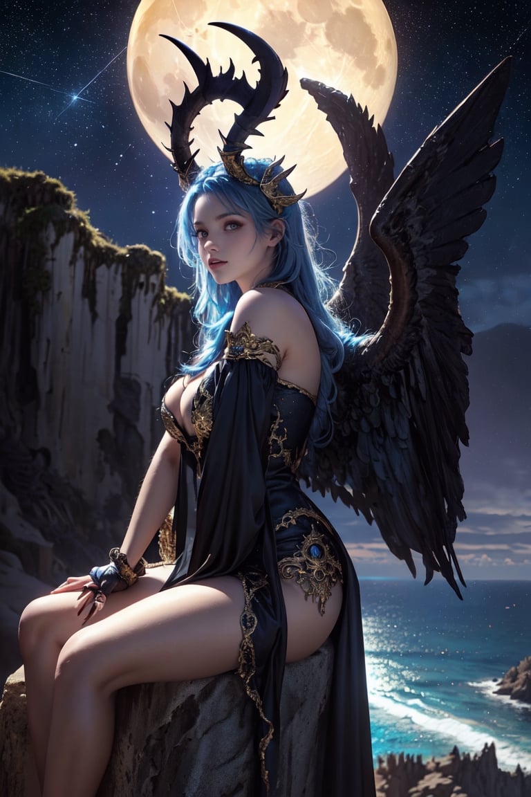 extreme long shot, side view, michael parkes style, a stunning beautiful young queen of gargoyles with gargoyle wings, horns, thick voluminous long blue hair hands to her sides is sitting on the ledge of a very tall castle next to a detailed realistic gargoyle on a cliff above the ocean below on a rocky deserted coastline. she is wearing an elaborate long black gown. its night time with a full moon. dark blue black sky & stars are in the sky.  michael parkes, zoom out.,1girl,Masterpiece,SD 1.5,realistic,fashion_girl,more detail XL,extremely detailed,zavy-hrglw