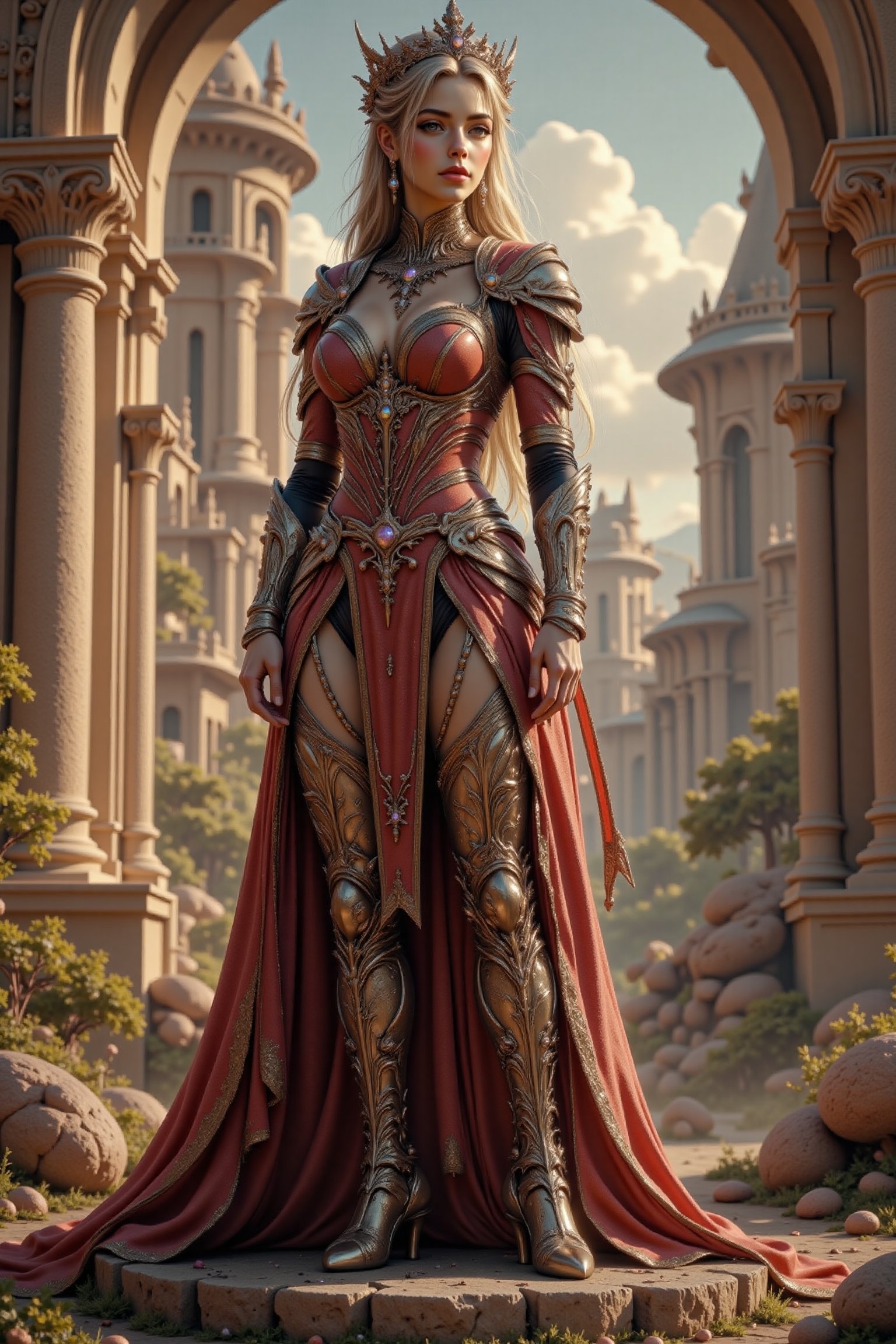 Create an attractive,  beautiful female humanoid alien princess wearing an elaborate royal outfit and she is standing in a...