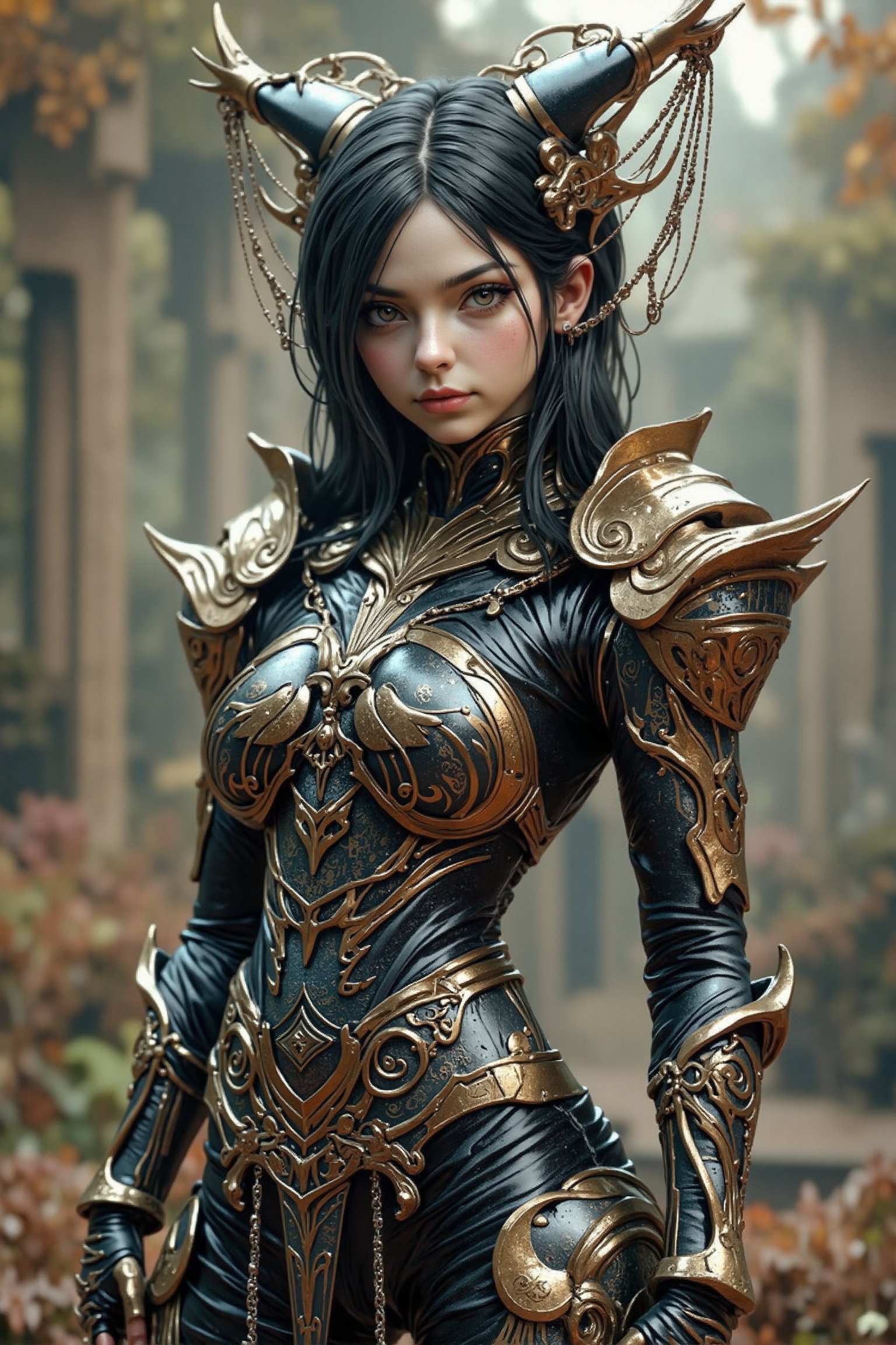 Create an attractive,  beautiful female alien queen wearing an elaborate futuristic unique outfit and she is standing in a...