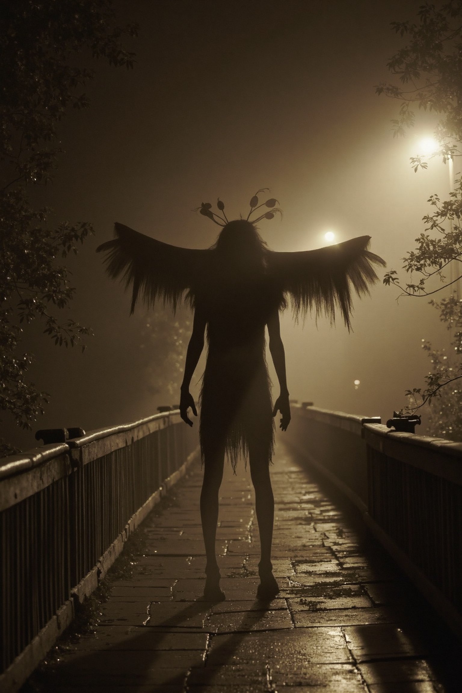 a realistic, detailed, photograph, b&w black and white sepia photo of mothman standing on a bridge in point pleasant, virginia at night. the atmosphere is eerie and strange.