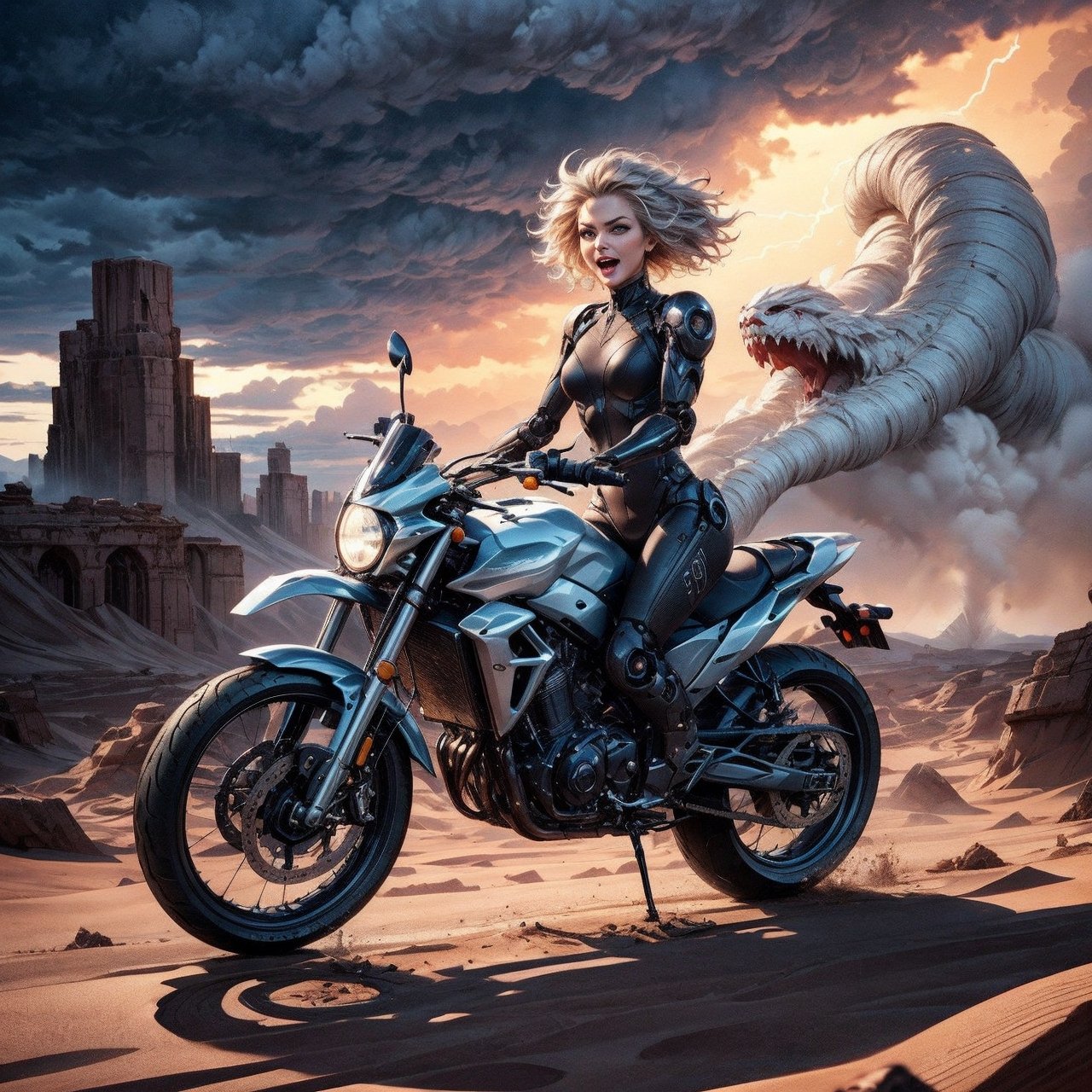side view middle long shot of a 20 foot tall giant android humanoid female robot walking across the desert sand menacing a...