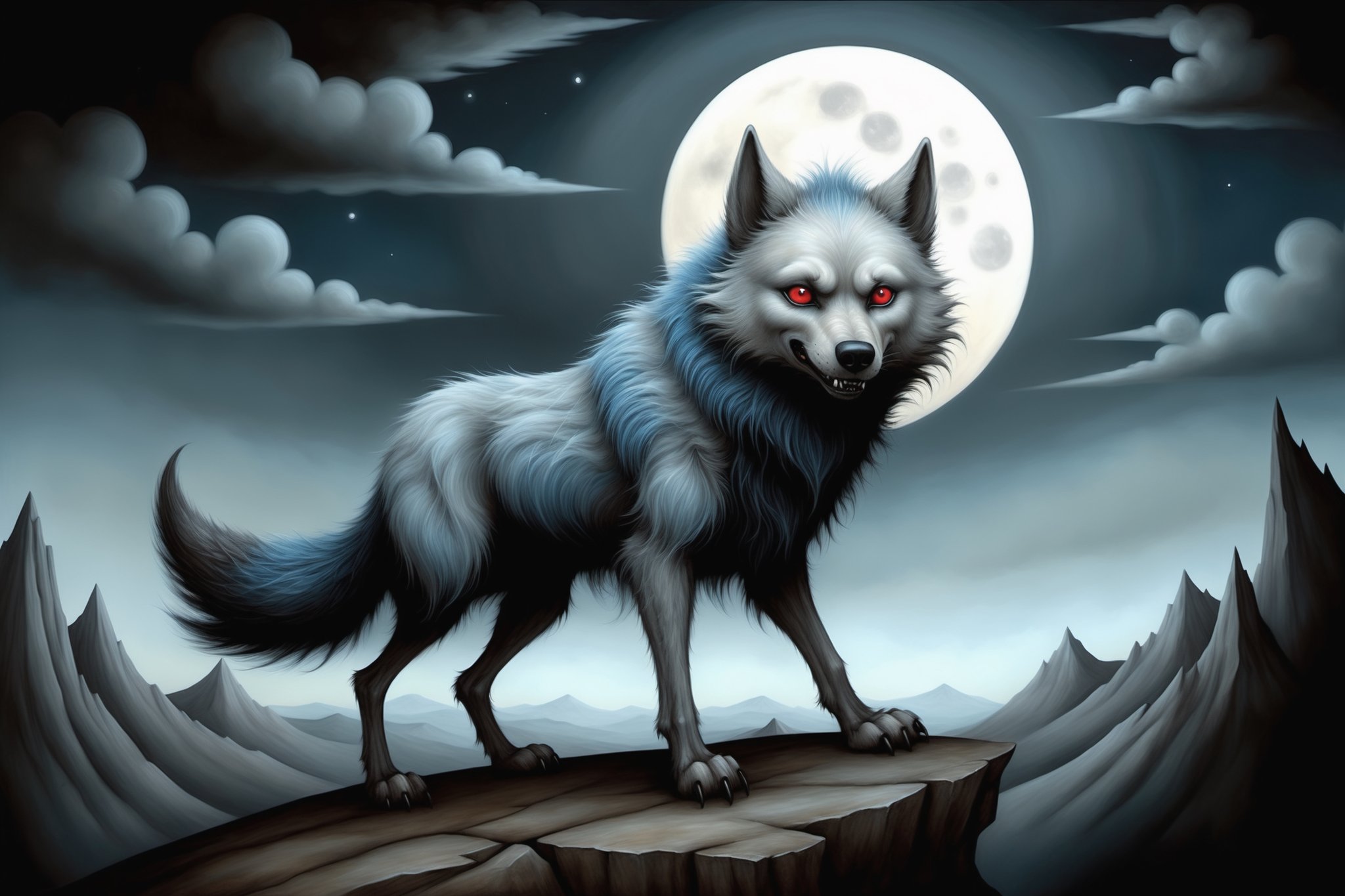 Cinematic scene - giant dire wolf with grayish blue thick fur,  piercing red eyes,  four legs by ᕲᗩᖇᓰᗩ ♥ ᐺᘿᖇSᘿ on Tensor.Art