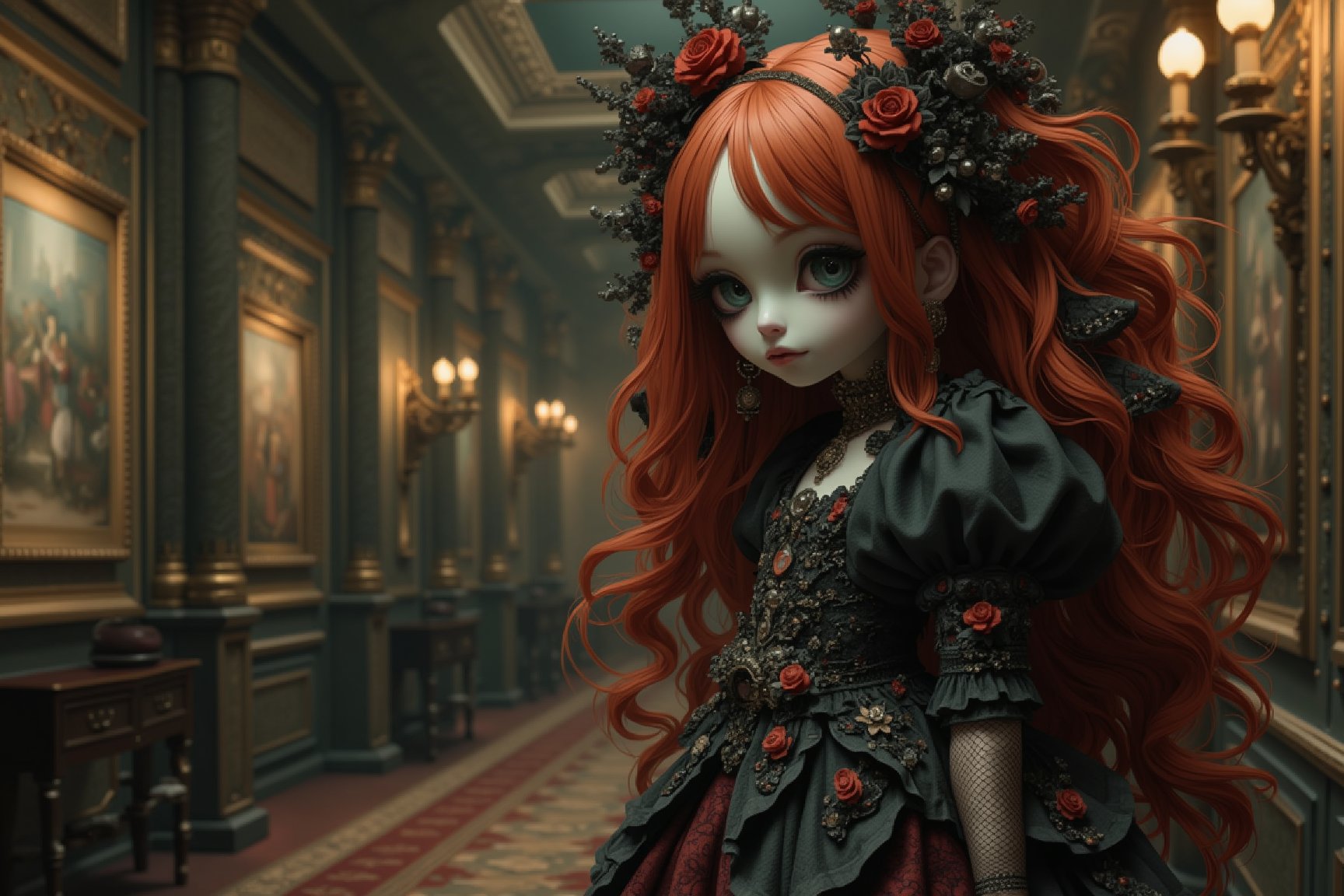 long shot, side view, in the distance is beautiful doll-like figure with large detailed green eyes and pale porcelain face. she has long red layered big hair. she has elaborate decorations and adornments in her hair. she wears an elaborate gothic outfit in colors of red, grey, black. she wears chunky lace up boots and lace stockings. elaborate gothic jewelry. behind her is a detailed very long dark ornate hallway with paintings on the walls. illuminated by candlelight. full body shot. in the style of Toon Hertz, Mark Ryden, Nicoletta Ceccoli