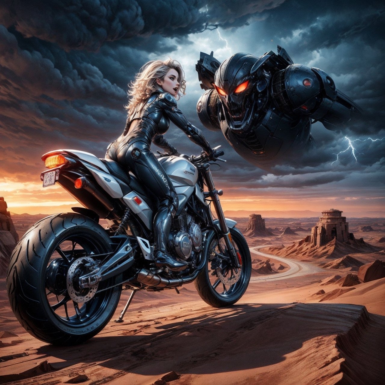side view middle long shot of a 20 foot tall giant android humanoid female robot riding a futuristic motorcycle across the...