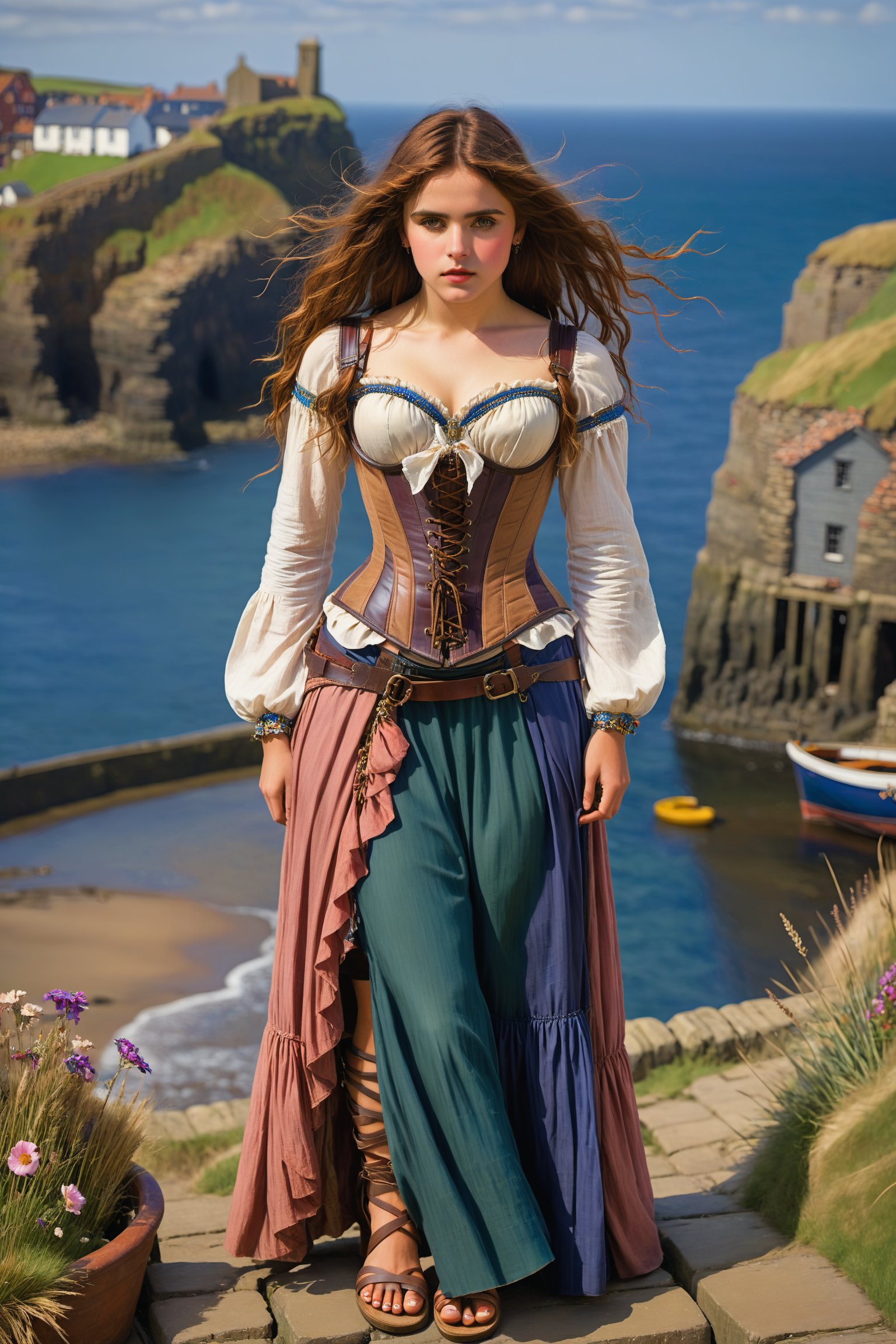 extreme long shot, full body shot, by john william waterhouse, pre-raphaelite, a beautiful pre-raphaelite victorian, tall young woman stands in Staithes, England. she wears an elaborate victorian corset, long sleeve poet shirt, long gypsy skirt and flat gladiator sandals. she wears long dangle boho earrings detailed background of Staithes, England and coast. john william waterhouse, pre-raphaelite, perfect female anatomy.