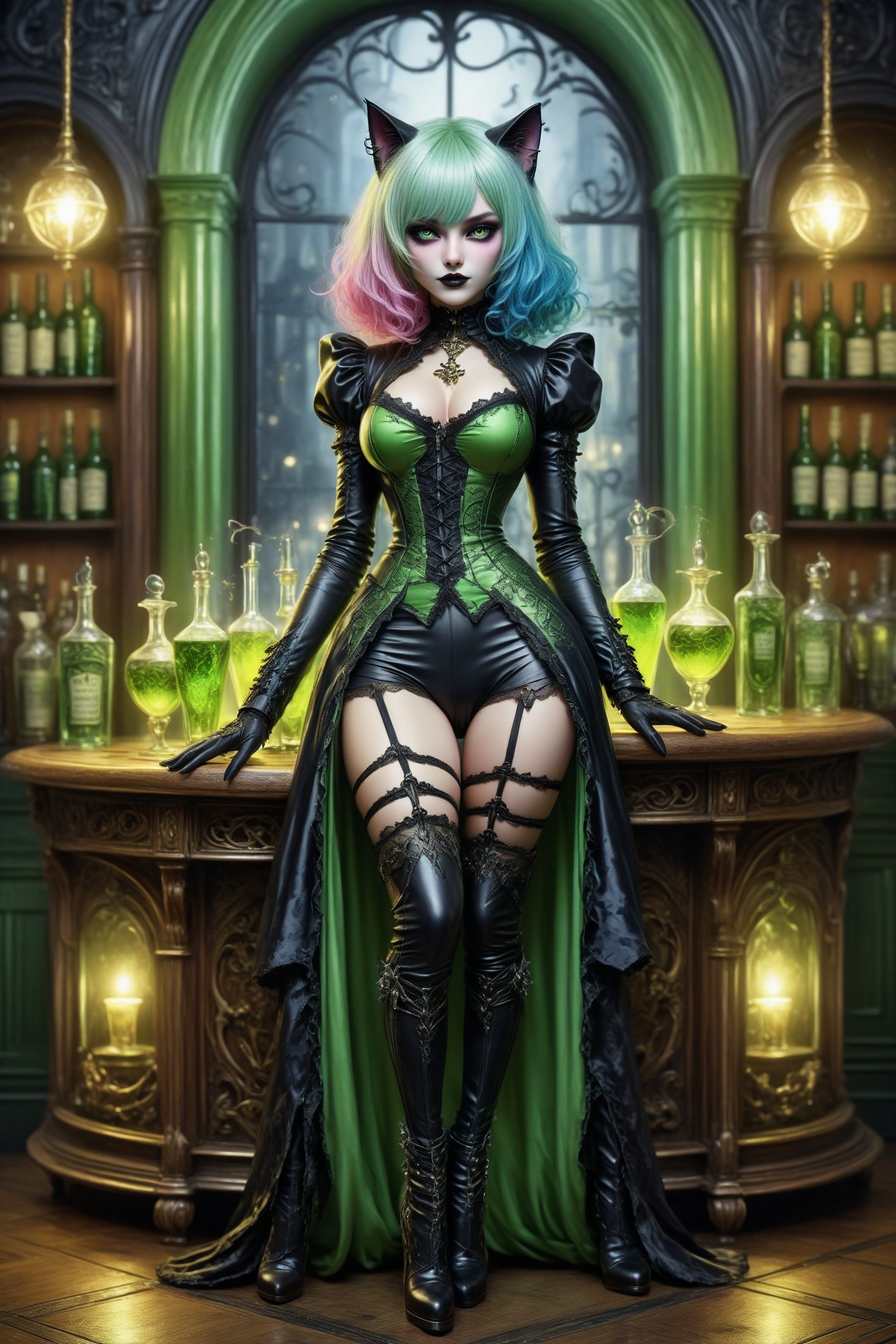 full body shot, a beautiful stunning cat woman, she stands next to a french absinthe bar at night. bottles of absinthe and a glass of green absinthe is on the table in front of her. her beautiful outfit is a fusion of elaborate rococo, high fashion gothic, brocade rich fabrics, rich colors. knee high boots. she has large, round cat eyes. vivid very long colorful pastel hair, cat ears,  perfect female anatomy, goth person, pastel goth, dal, Gaelic Pattern Style,