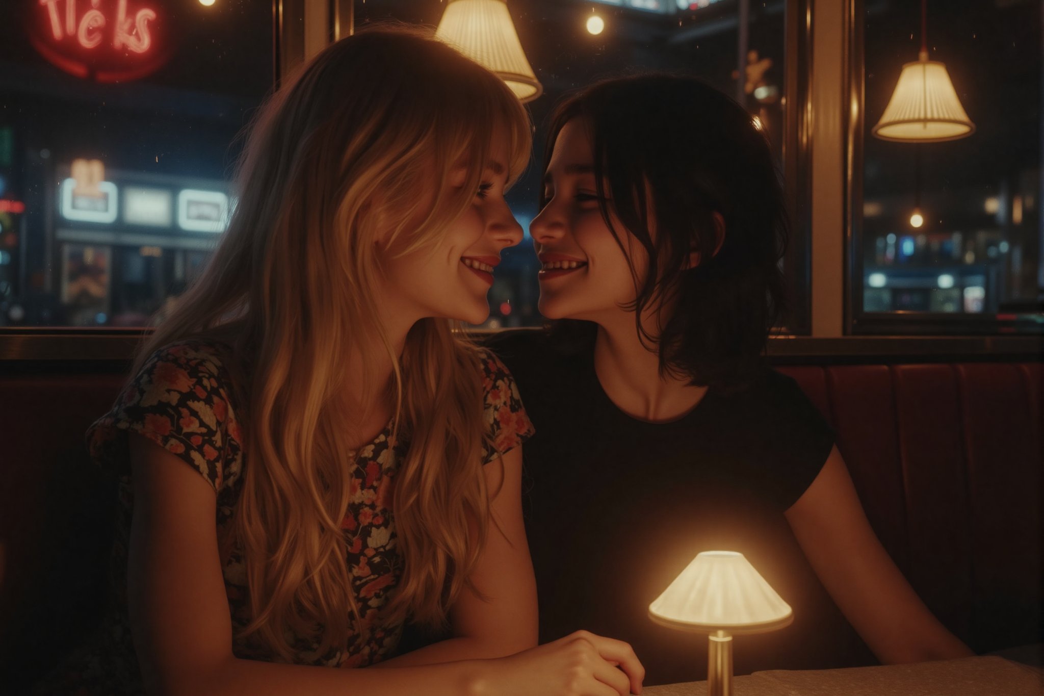 long shot A scene of a high school age blonde young woman and her dark haired friend siting side by side close next to eac...