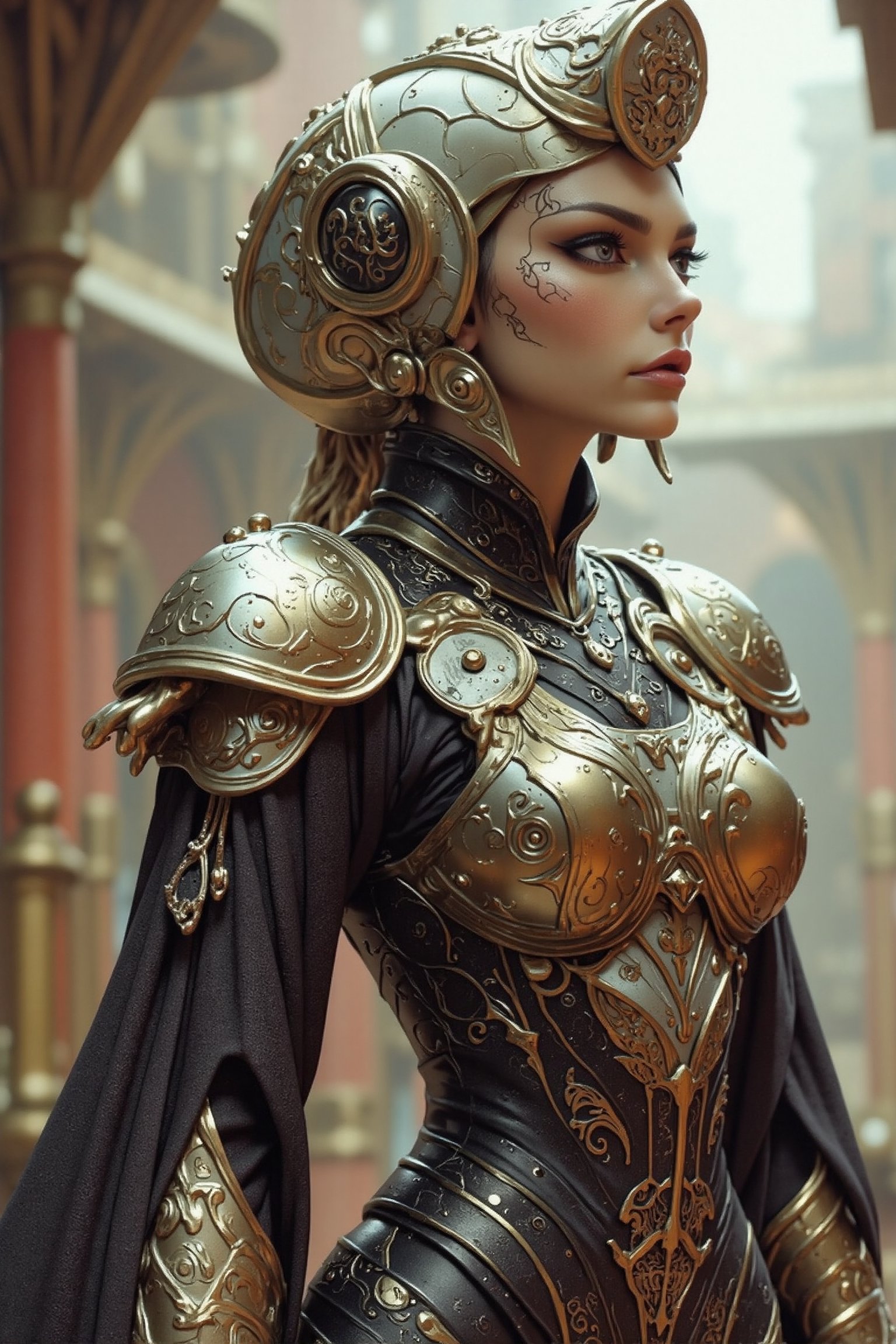 Create an attractive,  beautiful female alien queen wearing an elaborate futuristic unique outfit and she is standing in a...