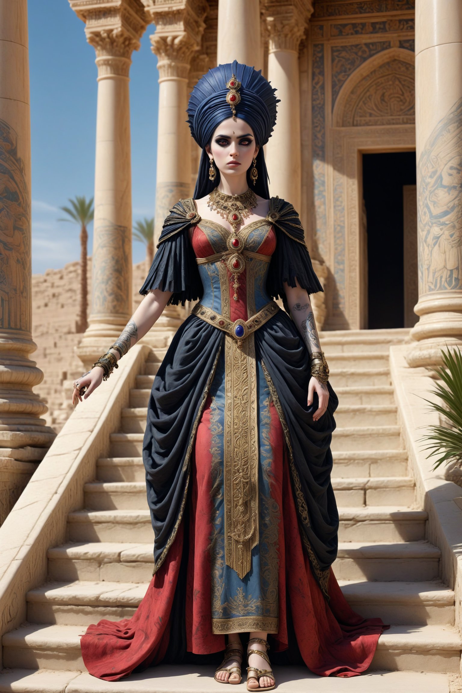 Cinematic scene - long shot, full body shot of Septimia Zenobia, a beautiful syrian queen in palmyra Syria in the third century c.e in a fusion of elaborate rococo, persian middle eastern parthian style and Greco-Roman and gothic punk. she has jet black hair. she has round large big eyes, she wears an elaborate middle eastern parthian style and Greco-Roman inspired royal gown,  with elaborate intricate patterns and rich luxurious fabrics in colors of red, gold, and black. she wears a turban, head ornament, crown and long shawl. gothic accessories and an ancient syrian queen's head dress. elaborate earrings, necklaces and wrist cuffs made out of gold, lapis lazuli, amethyst. roman sandals on her feet. she walks down the steps in front of a luxurious temple, detailed background of a temple with painted columns, tall palm trees, statues, in the desert in the 3rd century a.d. perfect female anatomy, goth person, pastel goth, dal, Gaelic Pattern Style, full body shot, Cinematic scene - long shot