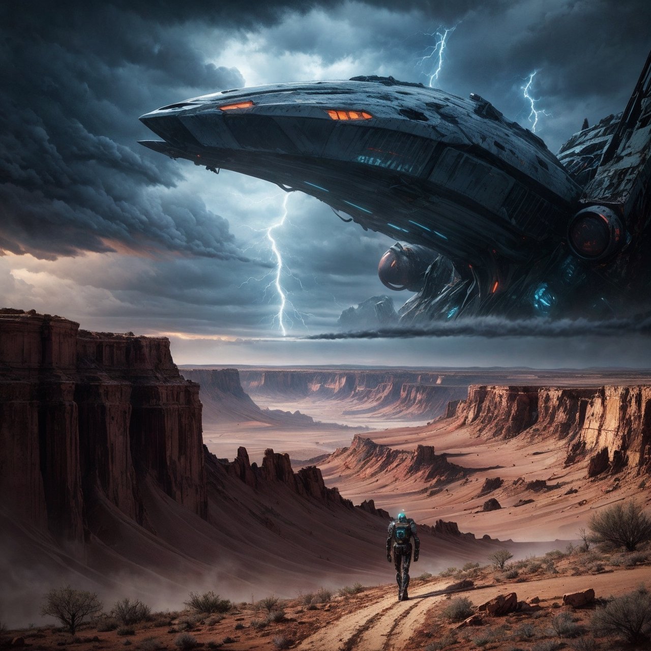 a giant,  20 ft tall android robot is walking across the desert menacing. the android is metallic and machine like,  rusty...