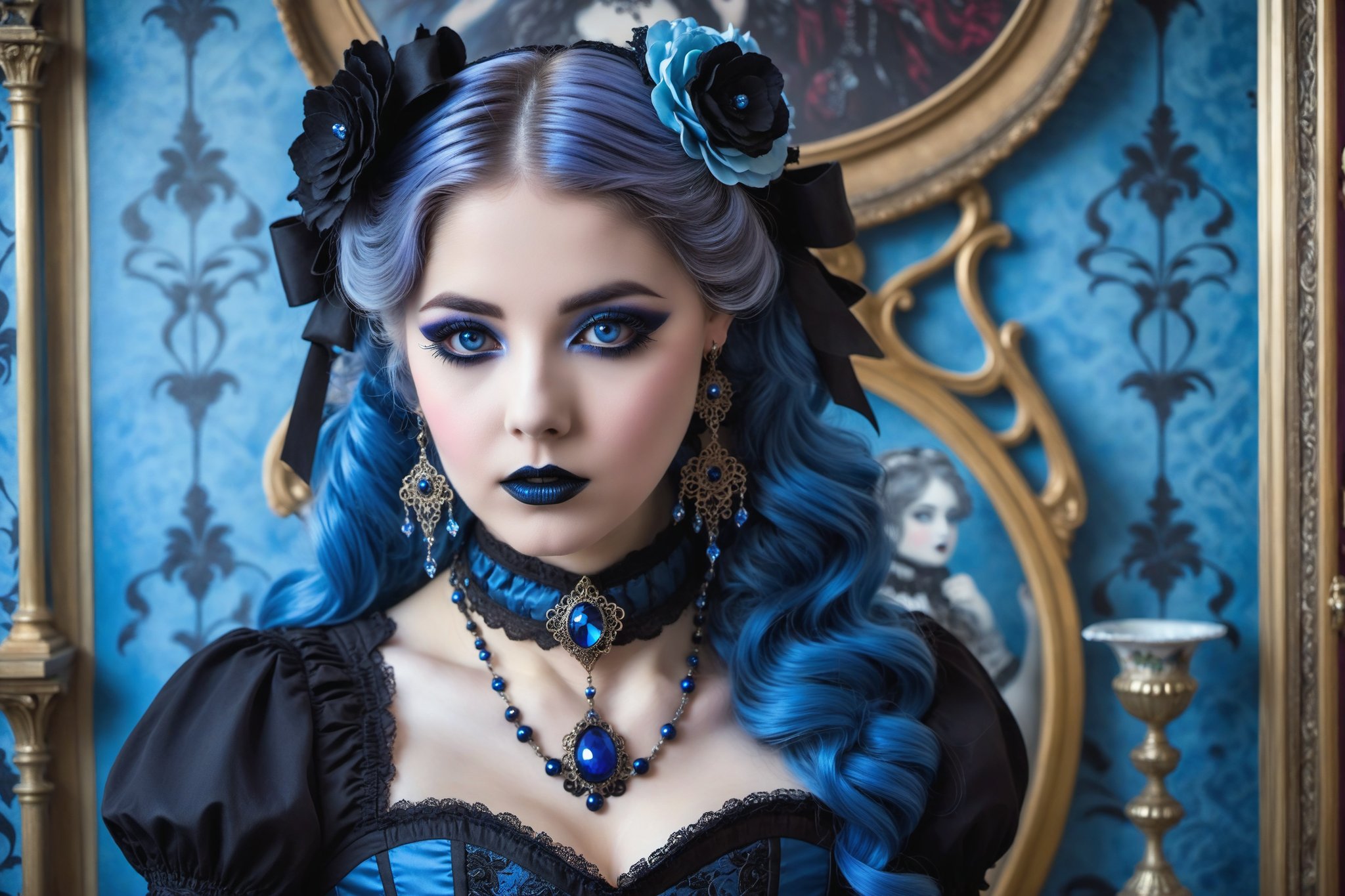 portrait of a beautiful gothic lolita woman. dark gothic make-up,  elaborate gothic lolita victorian corset,  outfit by ᕲᗩ...