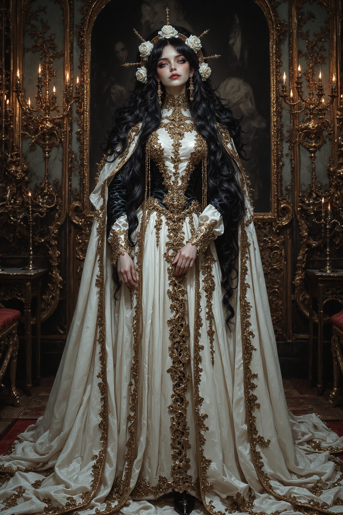 long shot,  full body,  A captivating elegant and beautiful young tall gothic priestess woman draped in cascading white by...