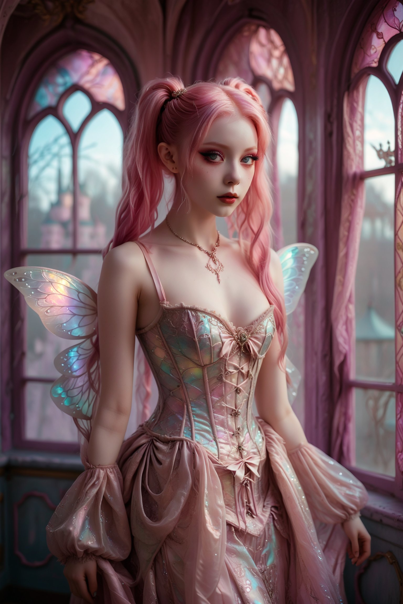 1girl,solo,full body shot of a fairy princess, gossamer opalescent fairy wings, in an irridescent glittery ballet style Lolita fashion gown, elaborate brocade patterned silk corset-style bodice. extremely long vivid pink hair in twin tails. Large expressive copper eyes, pale skin,  Opulent fairy castle backdrop with arched windows, silk curtains. Soft, dreamy lighting. Blend of kawaii, gothic, royal, and Arabian Nights aesthetics