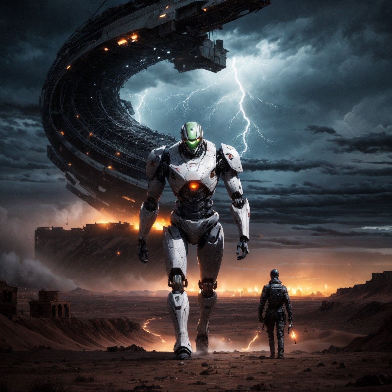 a giant,  20 ft tall android robot is walking across the desert menacing. the android is metallic and machine like,  rusty...