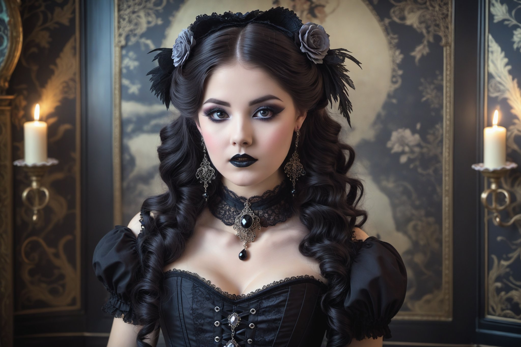 portrait of a beautiful gothic lolita woman.  dark gothic make-up, elaborate gothic lolita victorian corset, outfit, elaborate gothic long earrings and necklace. long curly jet black hair. background of detailed elaborate art nouveau wallpaper