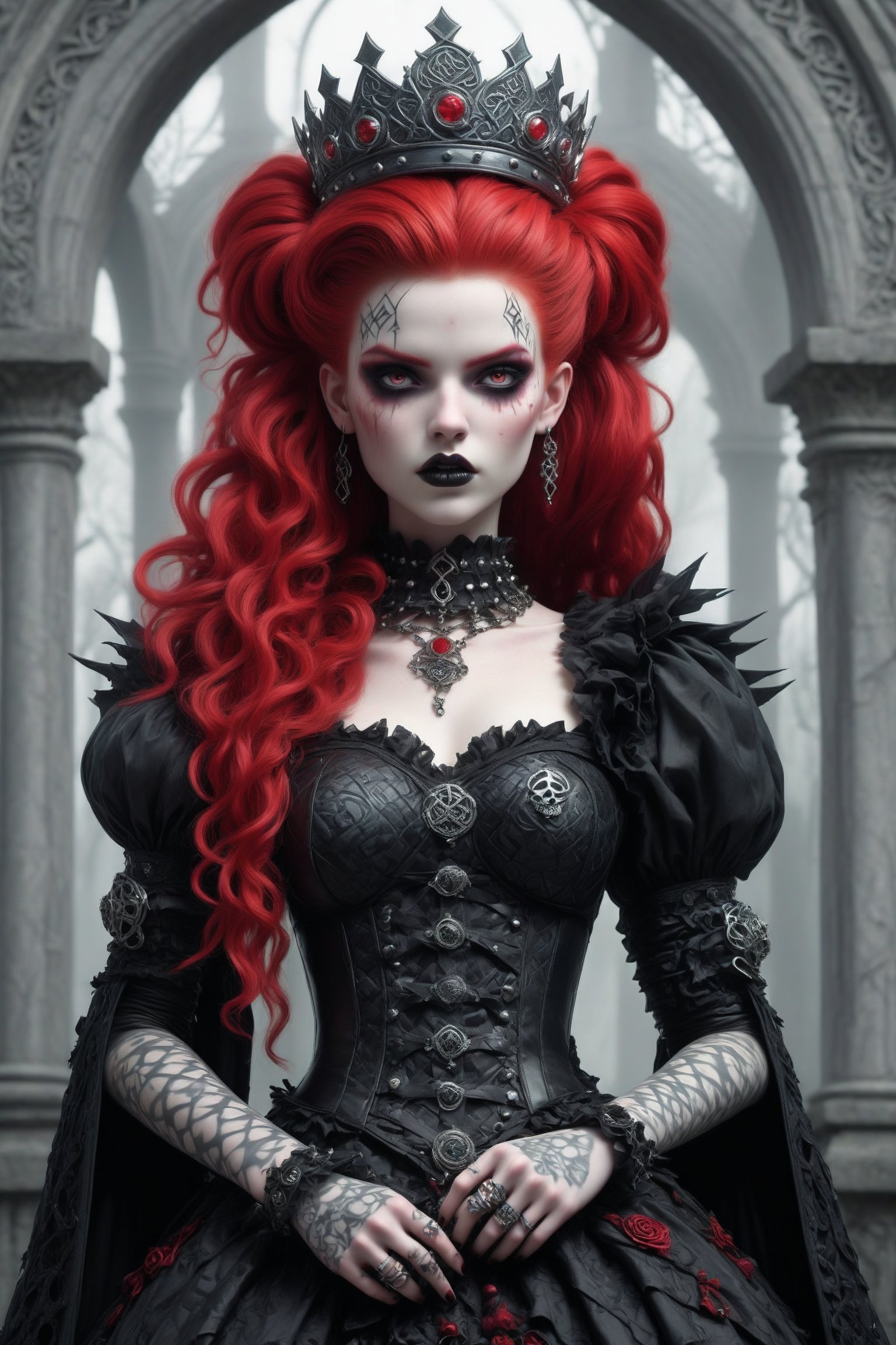 maeve irish celtic warrior queen, a fusion of elaborate rococo celtic punk fashion and edgy elements of elegant ancient celtic irish gothic punk, maeve has vivid red hair, she wears an elaborate gown with punk-inspired details and gothic accessories. gothic crown, goth person,pastel goth,dal,GaelicPatternStyle